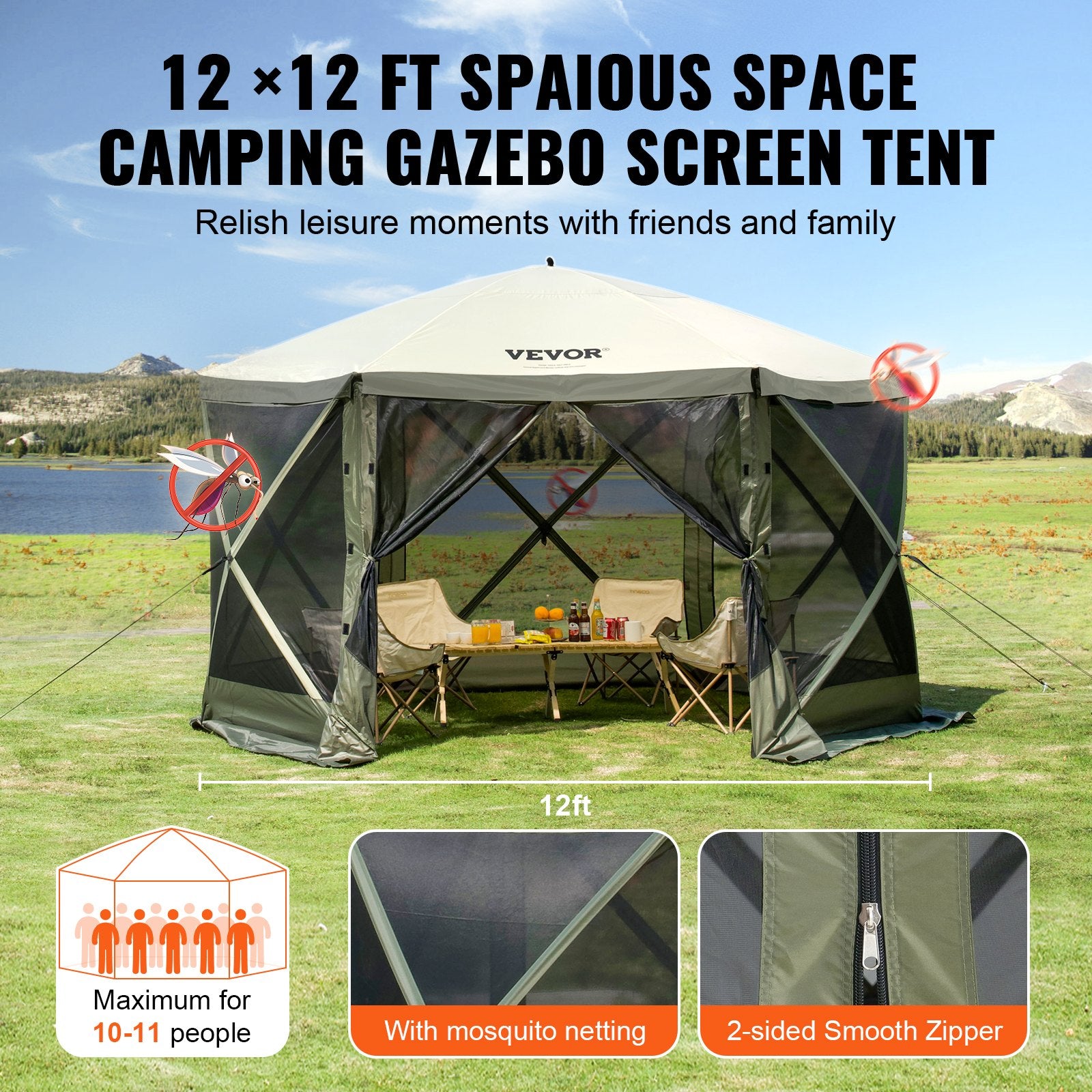 VEVOR Pop Up Gazebo Tent, Pop-Up Screen Tent 6 Sided Canopy Sun Shelter with 6 Removable Privacy Wind Cloths & Mesh Windows, 12x12FT Quick Set Screen Tent with Mosquito Netting, Army Green 6