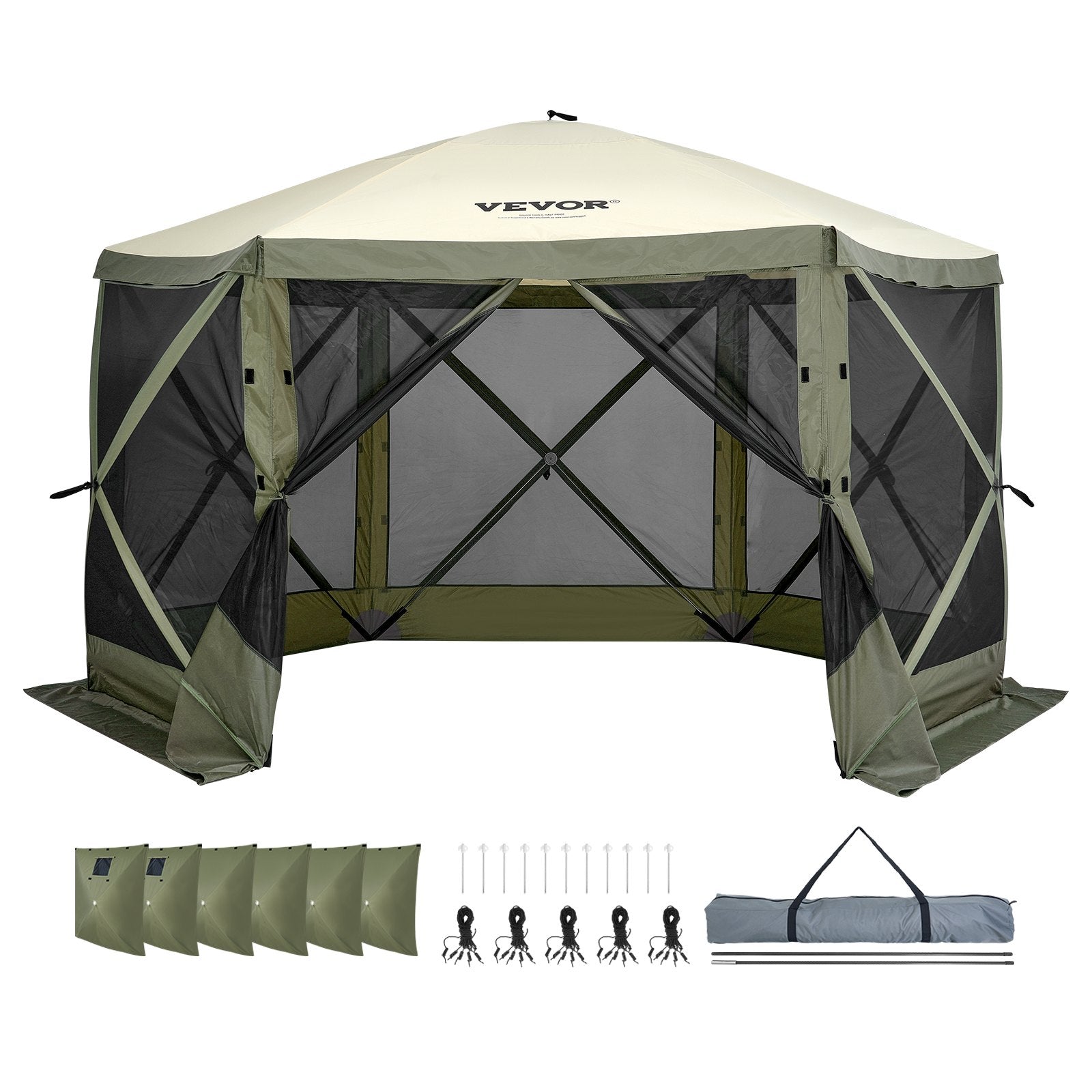 VEVOR Pop Up Gazebo Tent, Pop-Up Screen Tent 6 Sided Canopy Sun Shelter with 6 Removable Privacy Wind Cloths & Mesh Windows, 12x12FT Quick Set Screen Tent with Mosquito Netting, Army Green 9