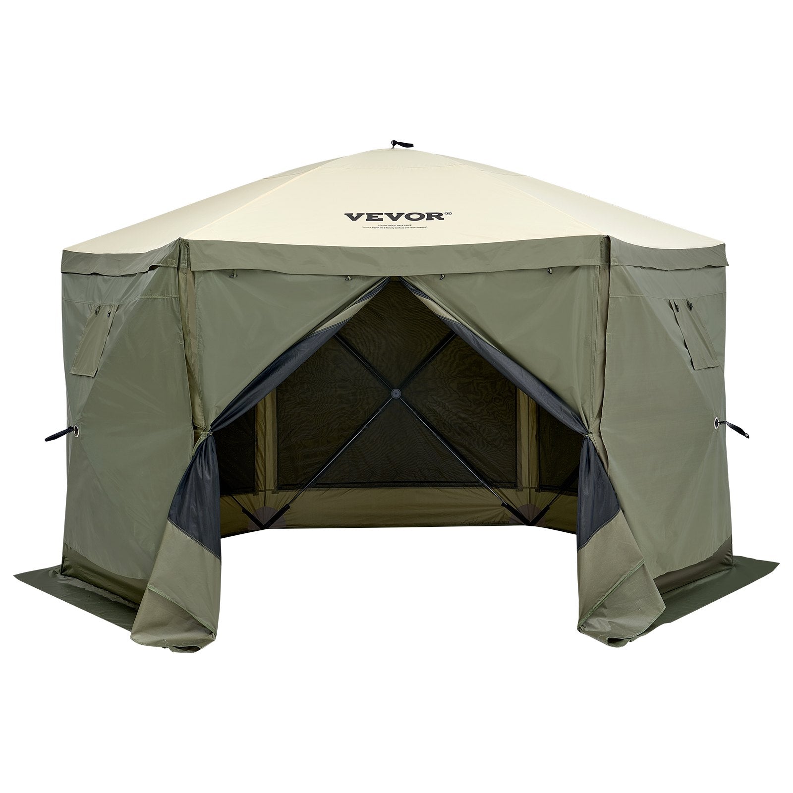 VEVOR Pop Up Gazebo Tent, Pop-Up Screen Tent 6 Sided Canopy Sun Shelter with 6 Removable Privacy Wind Cloths & Mesh Windows, 12x12FT Quick Set Screen Tent with Mosquito Netting, Army Green 10