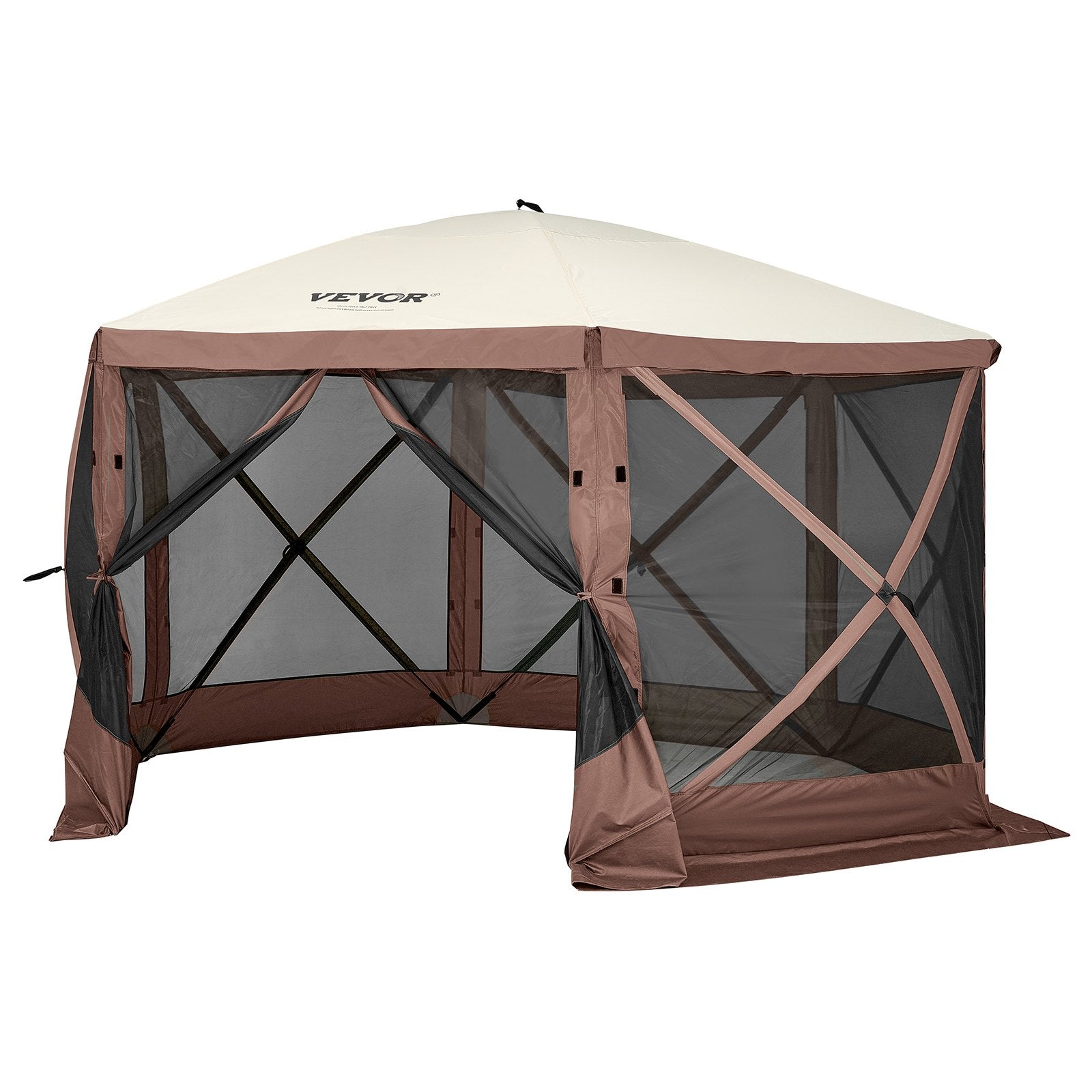 VEVOR Pop Up Gazebo Tent, Pop-Up Screen Tent 6 Sided Canopy Sun Shelter with 6 Removable Privacy Wind Cloths & Mesh Windows, 12.5x12.5FT Quick Set Screen Tent with Mosquito Netting, Brown