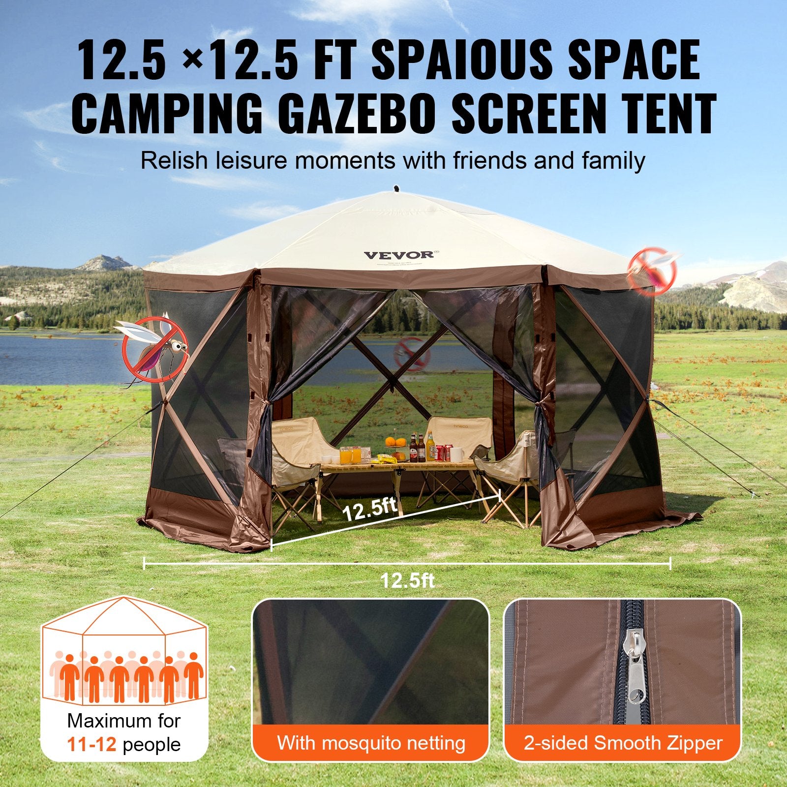 VEVOR Pop Up Gazebo Tent, Pop-Up Screen Tent 6 Sided Canopy Sun Shelter with 6 Removable Privacy Wind Cloths & Mesh Windows, 12.5x12.5FT Quick Set Screen Tent with Mosquito Netting, Brown 6