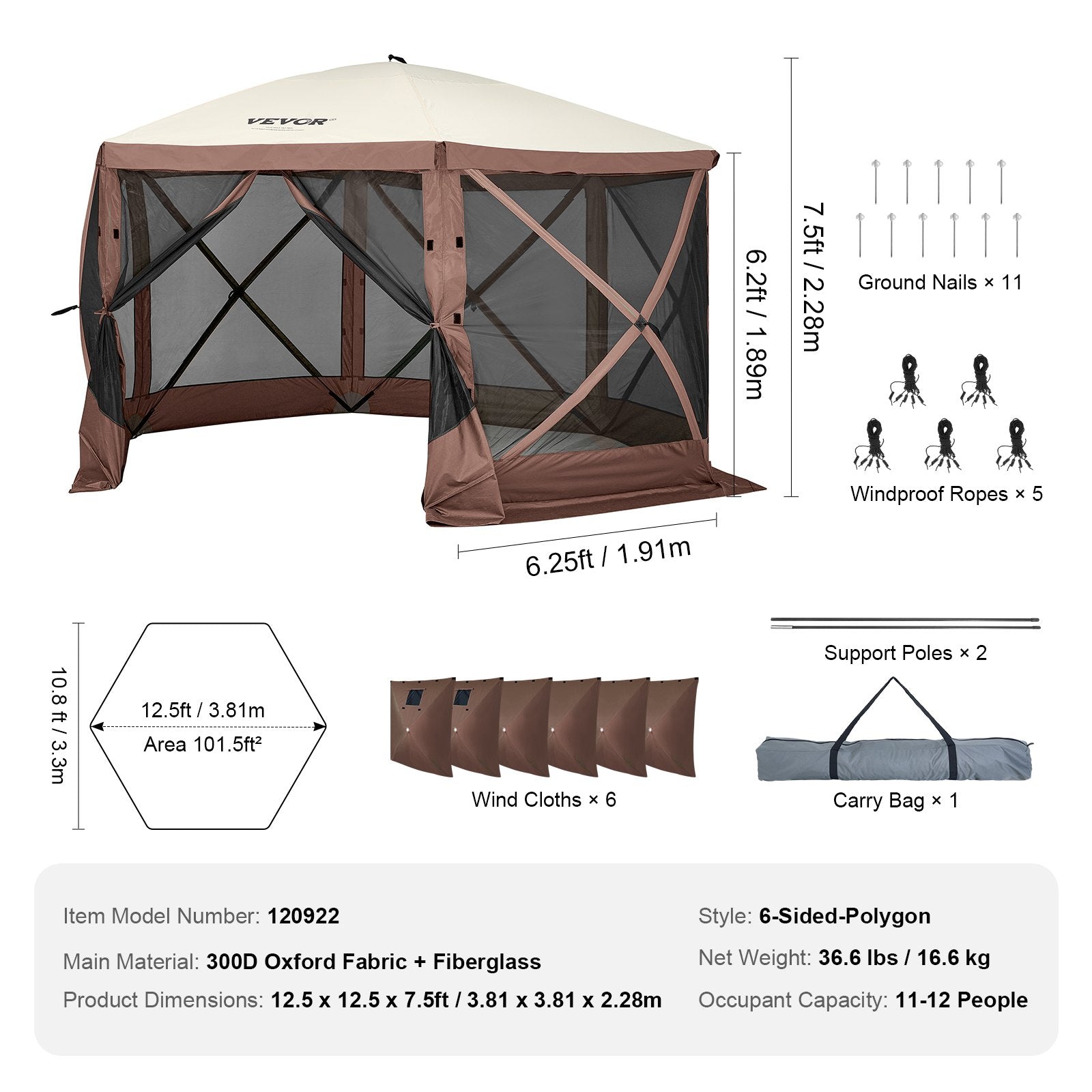VEVOR Pop Up Gazebo Tent, Pop-Up Screen Tent 6 Sided Canopy Sun Shelter with 6 Removable Privacy Wind Cloths & Mesh Windows, 12.5x12.5FT Quick Set Screen Tent with Mosquito Netting, Brown 7