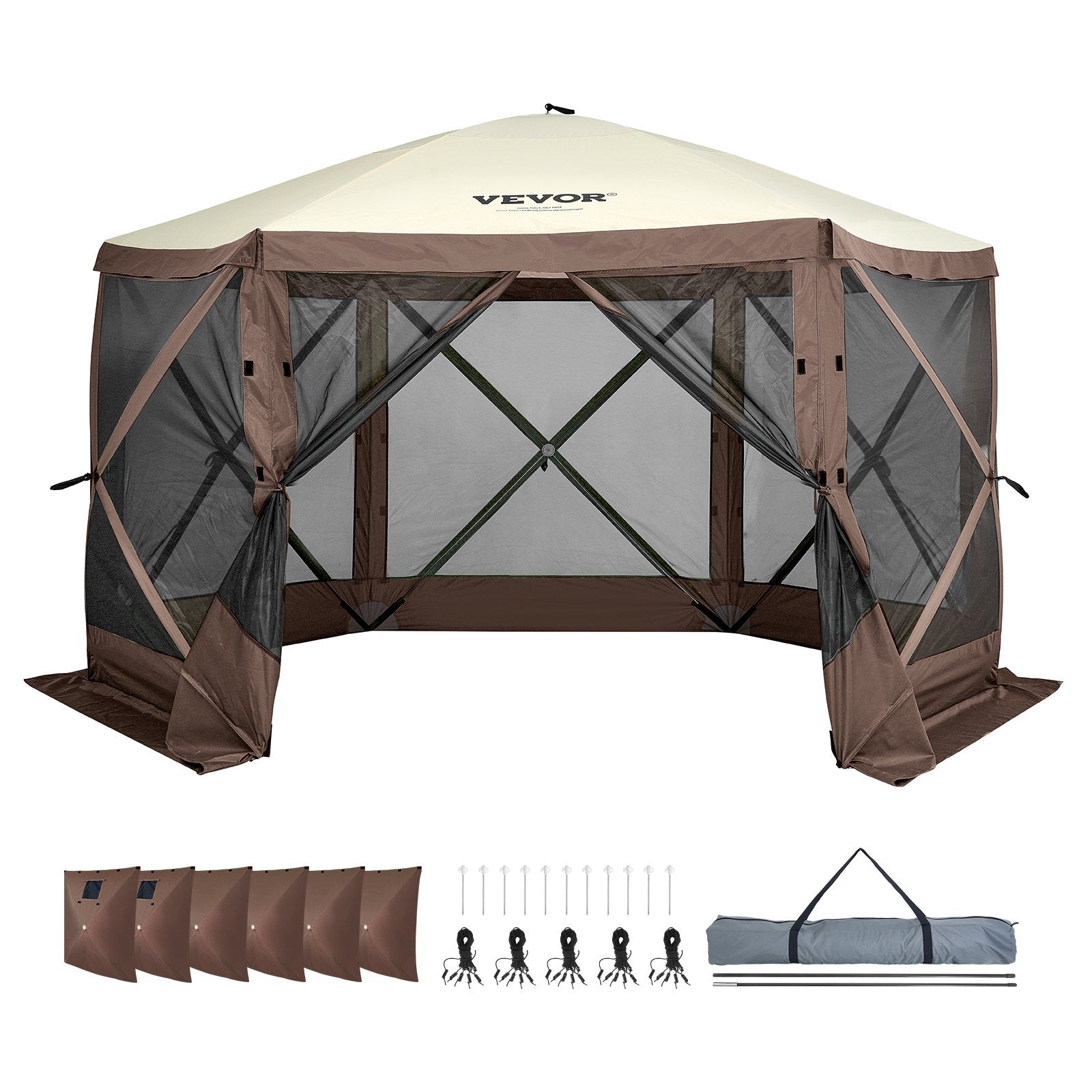 VEVOR Pop Up Gazebo Tent, Pop-Up Screen Tent 6 Sided Canopy Sun Shelter with 6 Removable Privacy Wind Cloths & Mesh Windows, 12.5x12.5FT Quick Set Screen Tent with Mosquito Netting, Brown 9