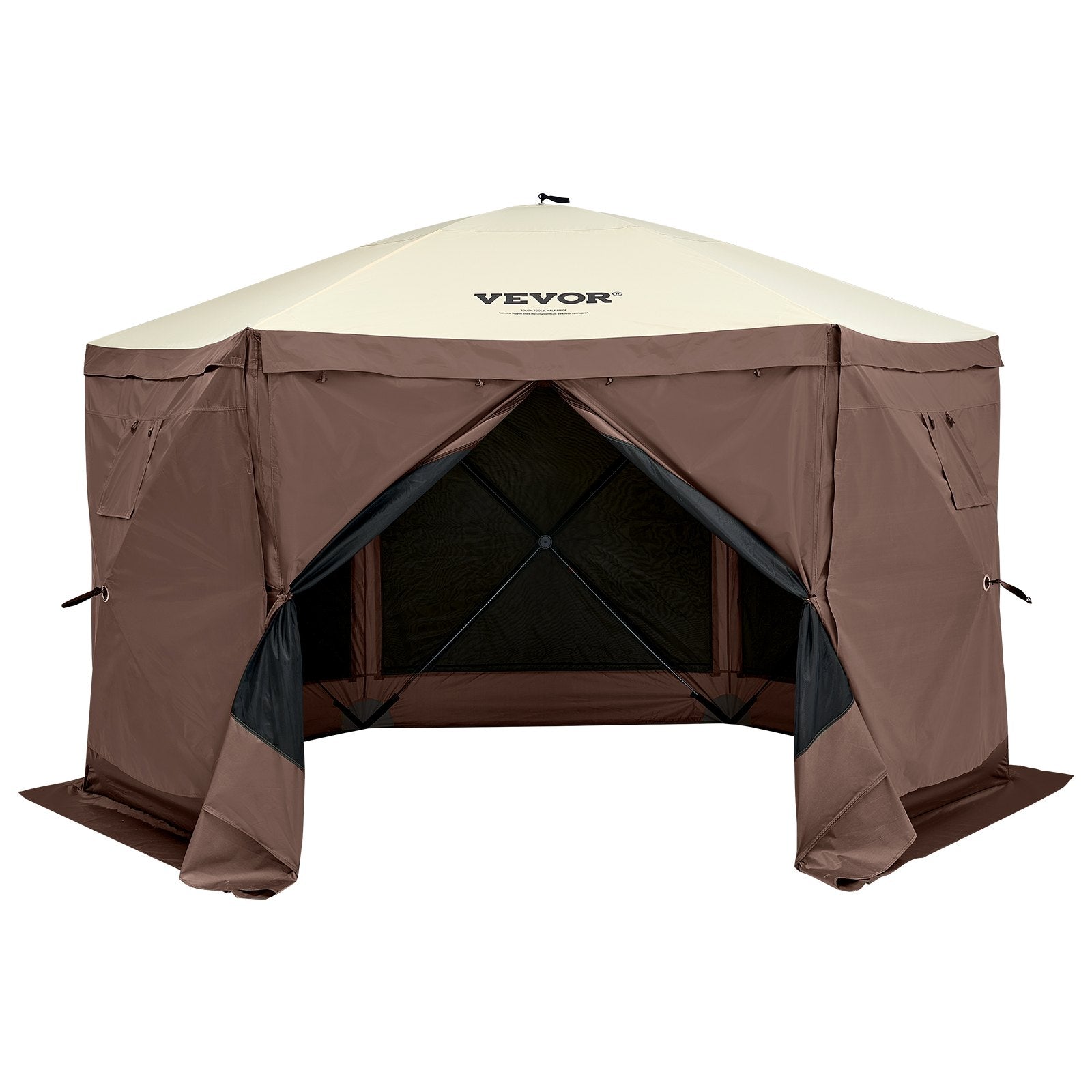 VEVOR Pop Up Gazebo Tent, Pop-Up Screen Tent 6 Sided Canopy Sun Shelter with 6 Removable Privacy Wind Cloths & Mesh Windows, 12.5x12.5FT Quick Set Screen Tent with Mosquito Netting, Brown 10