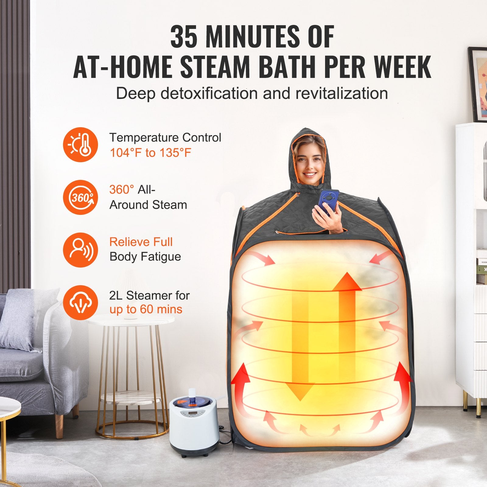 VEVOR Portable Steam Sauna Tent 1000W Personal Spa Loss Weight Detox Therapy, 800x800x1000 mm 3