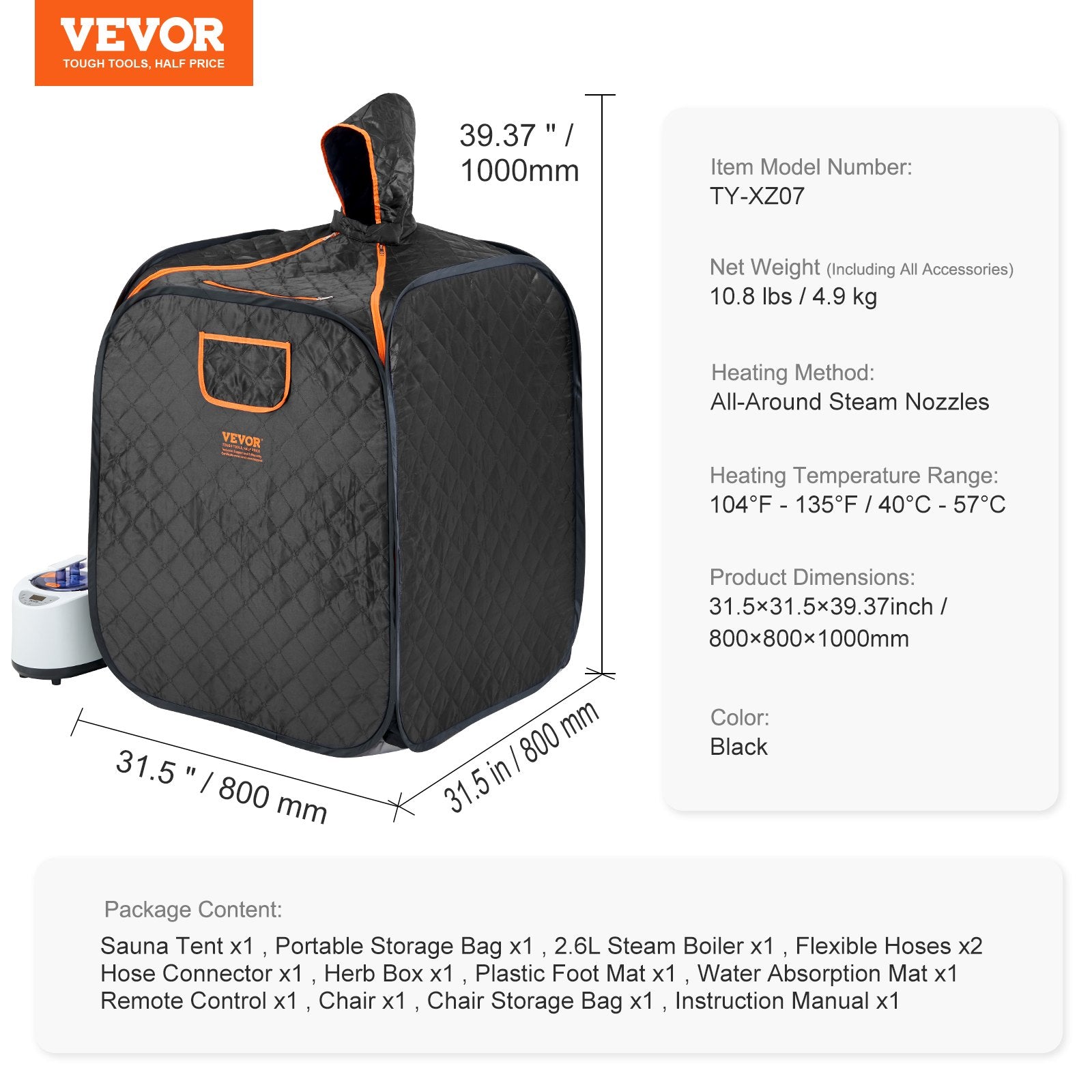 VEVOR Portable Steam Sauna Tent 1000W Personal Spa Loss Weight Detox Therapy, 800x800x1000 mm 7