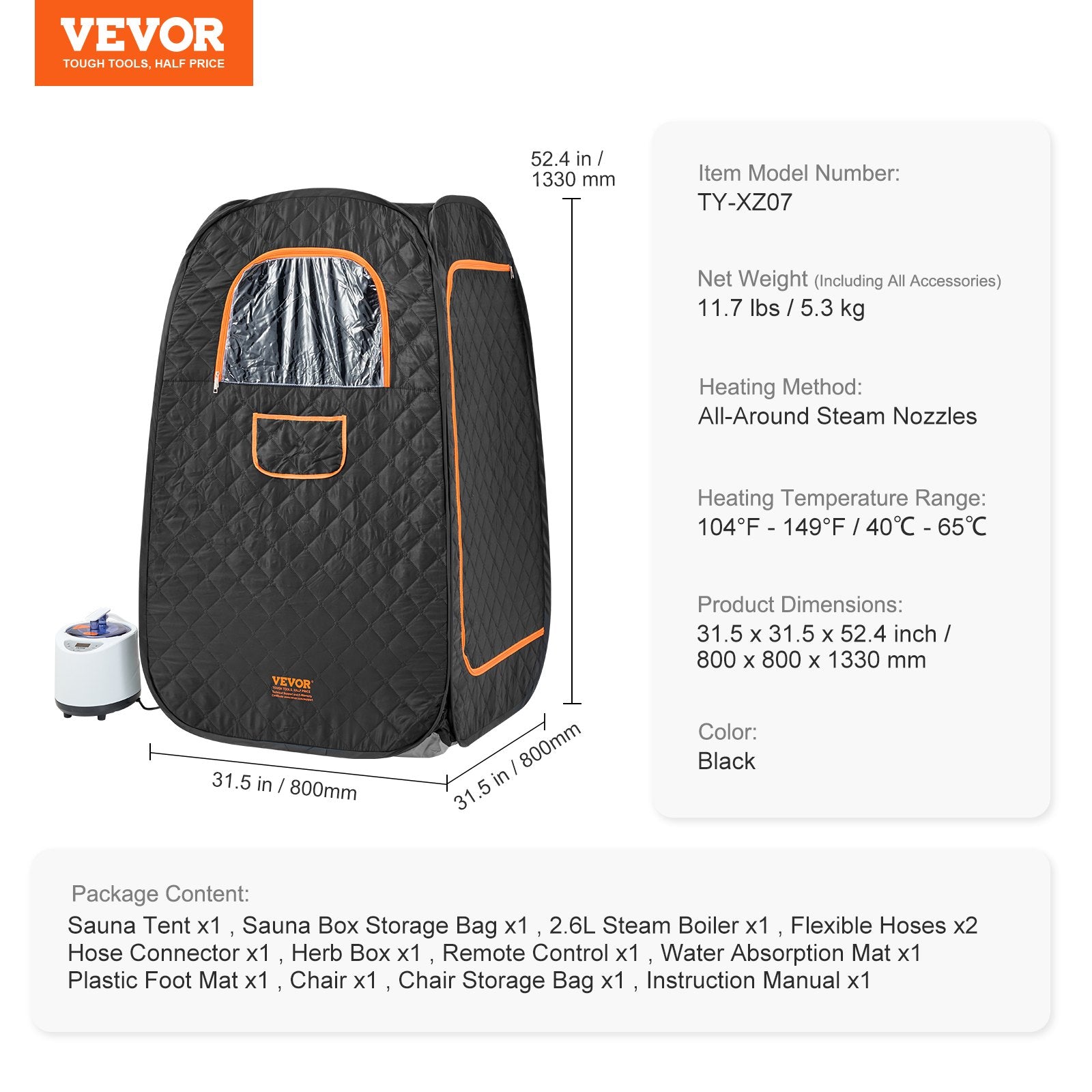 VEVOR 1000W Personal Steam Sauna Tent Loss Weight Detox Therapy Spa Compact, 800 x 800 x 1330 mm 7