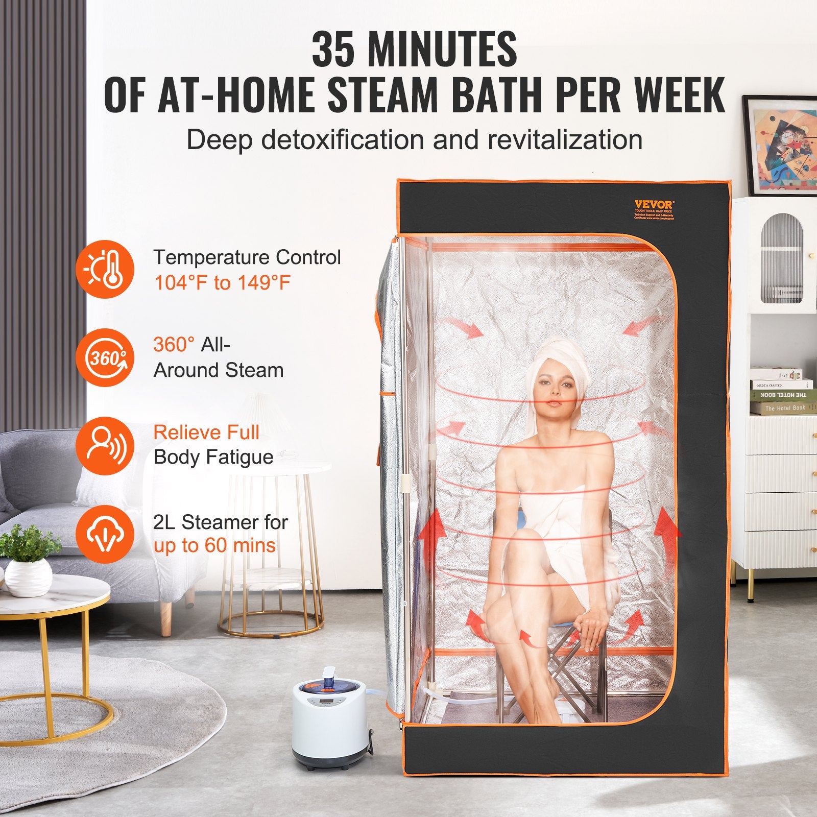 VEVOR Portable Steam Sauna Tent Full Size 1000W Personal Sauna Blanket W/ Chair, 880 x 880 x 1600 mm 3