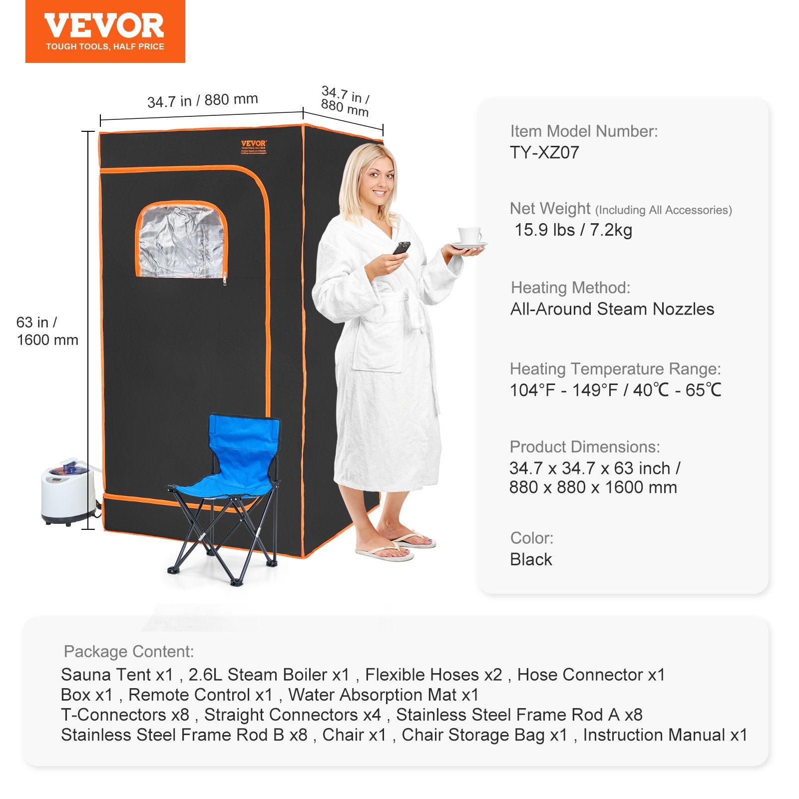 VEVOR Portable Steam Sauna Tent Full Size 1000W Personal Sauna Blanket W/ Chair, 880 x 880 x 1600 mm 7
