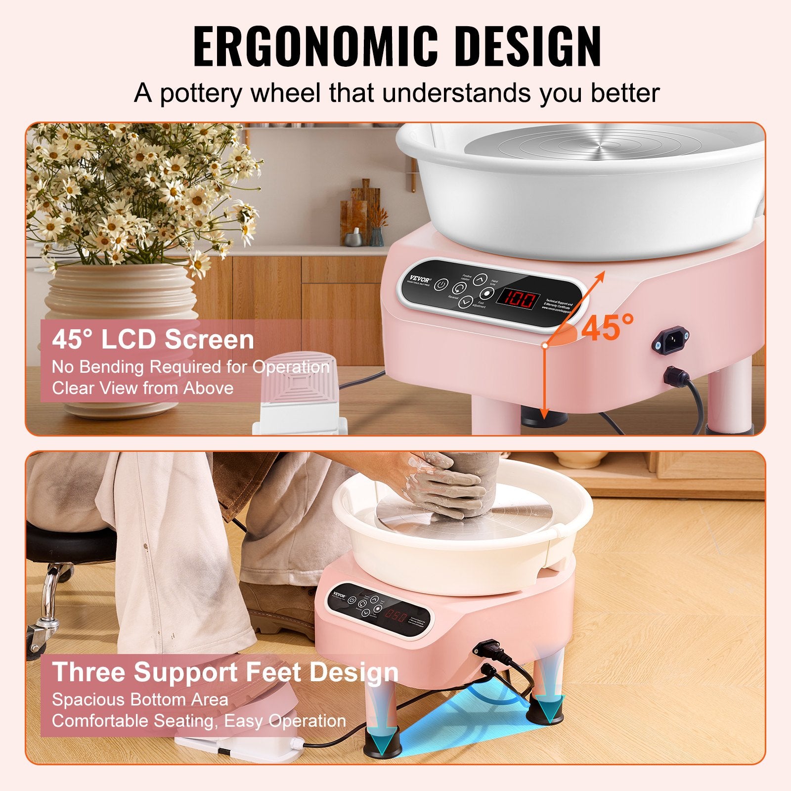 VEVOR Pottery Wheel, 10 inch Pottery Forming Machine, 350W Electric Wheel for Pottery with Foot Pedal and LCD Touch Screen, Direct Drive Ceramic Wheel with 3 Support Legs for DIY Art Craft, Pink 6