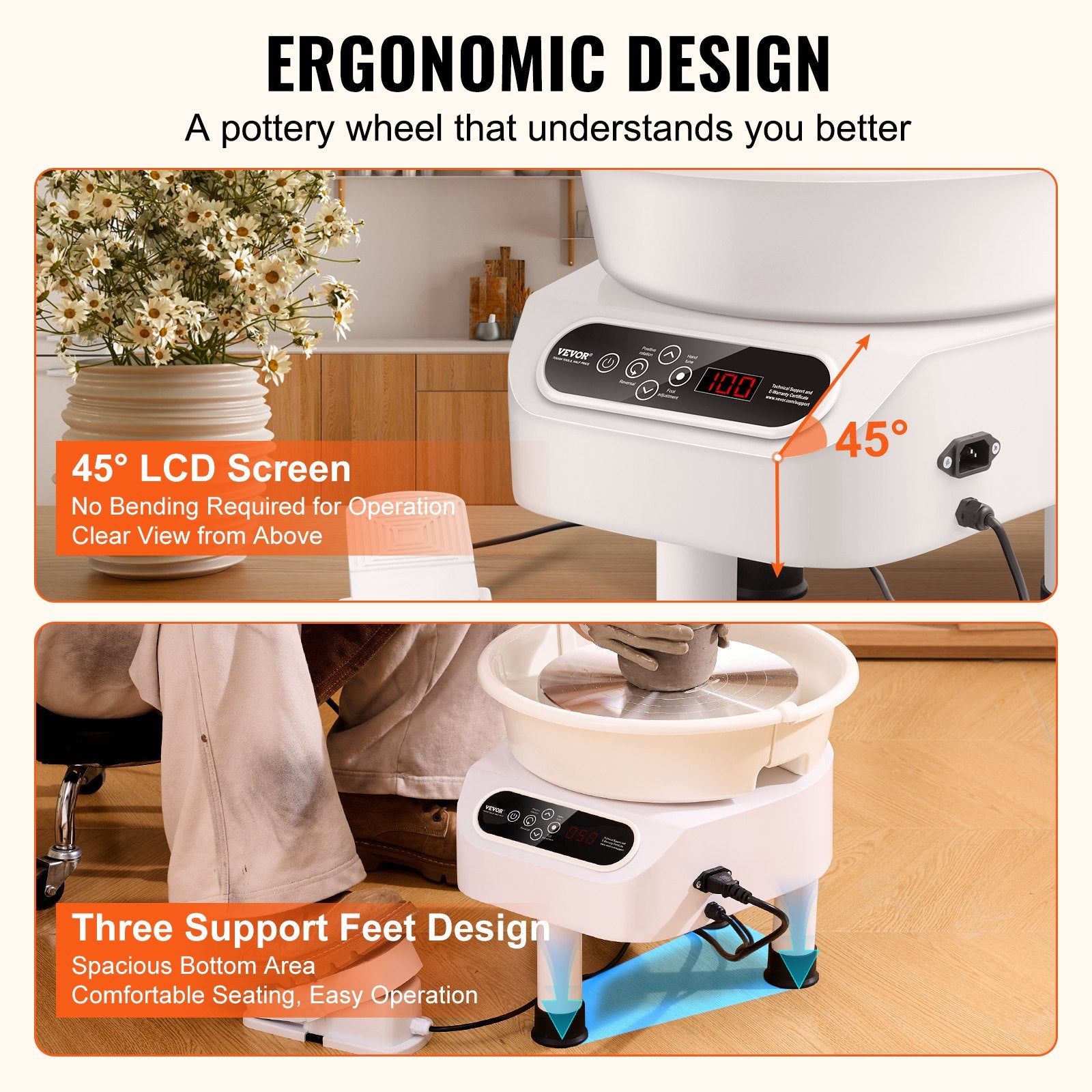 VEVOR Pottery Wheel, 10 inch Pottery Forming Machine, 350W Electric Wheel for Pottery with Foot Pedal and LCD Touch Screen, Direct Drive Ceramic Wheel with 3 Support Legs for DIY Art Craft, White 6