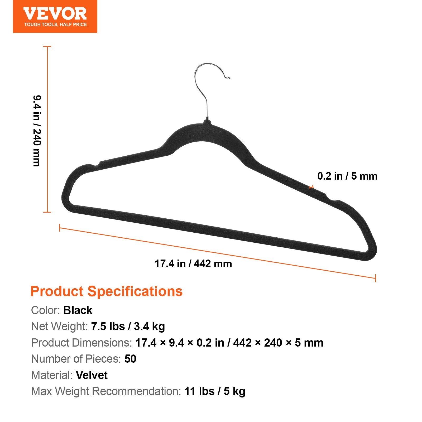 VEVOR Velvet Hangers 50 Pack Black Non-Slip Hangers with 360 Degree Swivel Hook 7