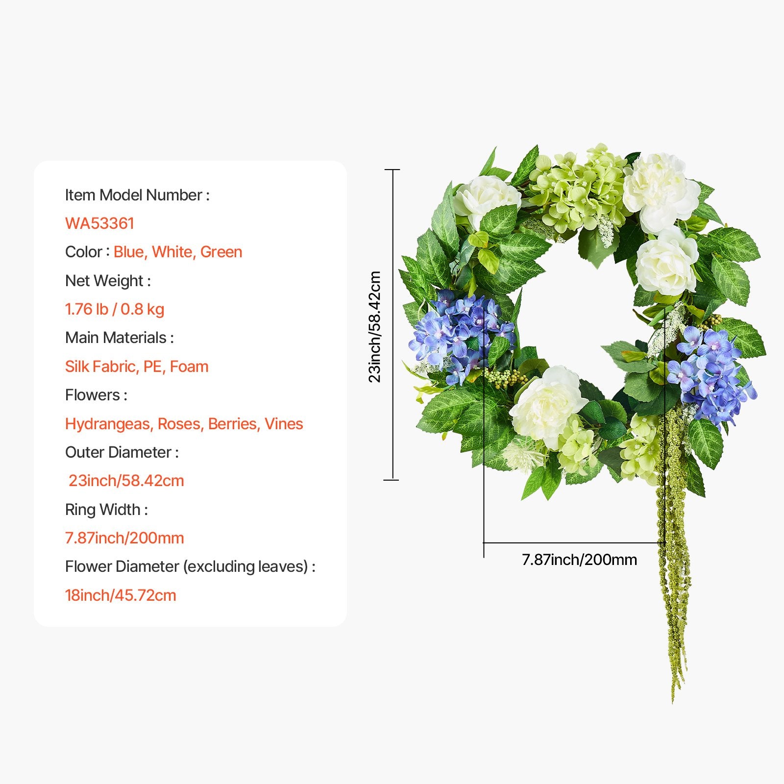 VEVOR Artificial Decorative Wreath 58.42 cm Blue White Green Hydrangeas Roses 7