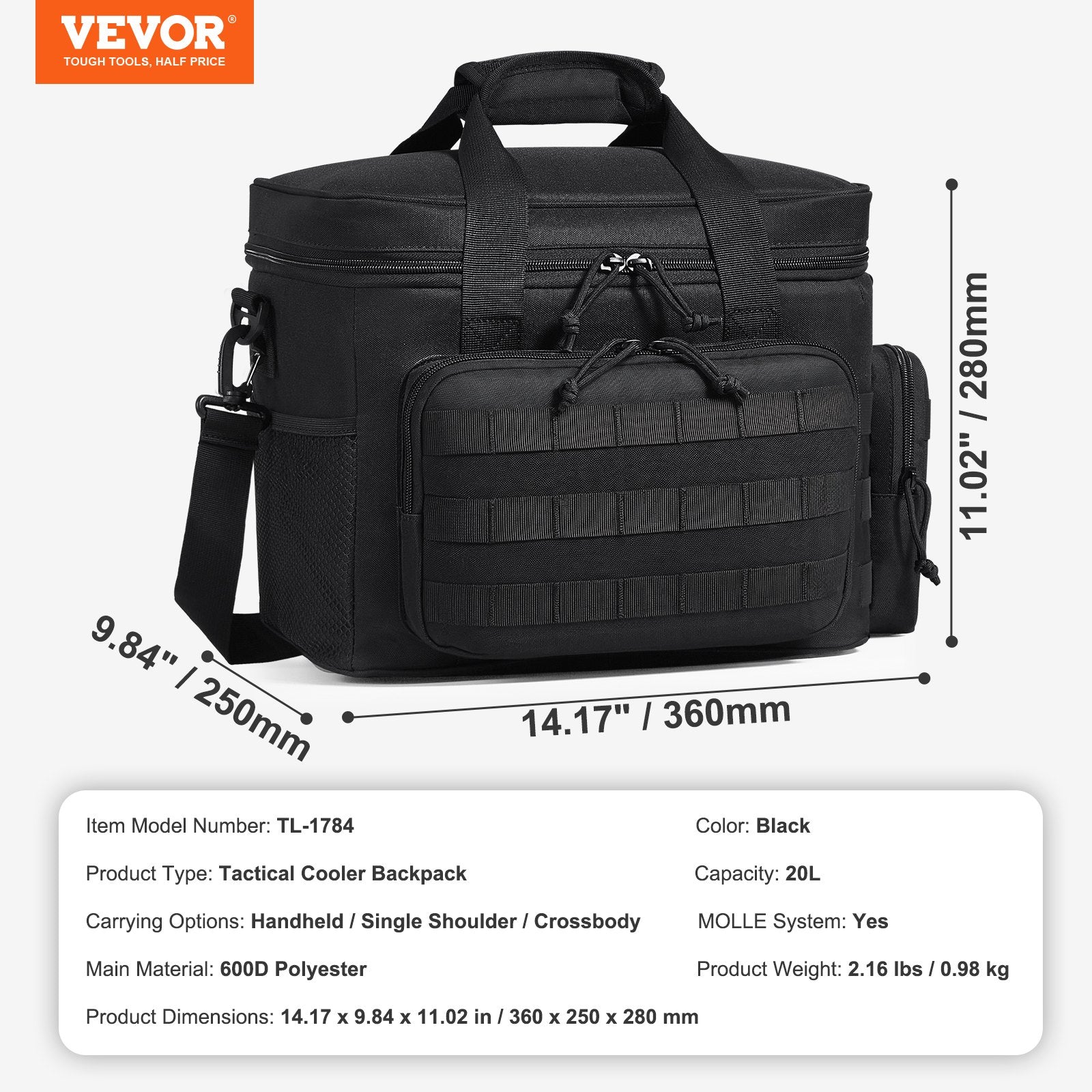 VEVOR Cooler Bag 20L Insulated Lunch Bag Molle Design & Removable Storage Bags 7