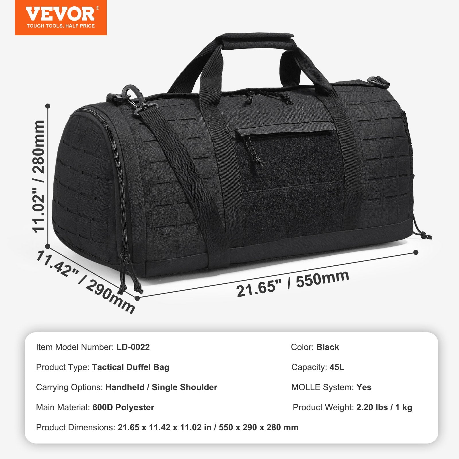 VEVOR Tactical Duffle Bag 45L Gym Bag Duffle Molle Design & Shoe Compartment 7