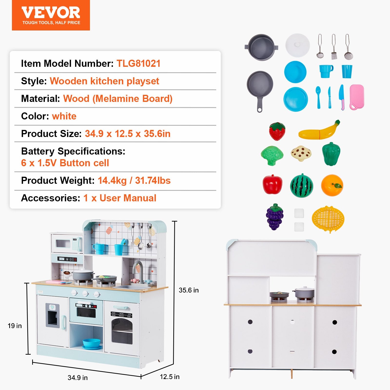 VEVOR Kitchen Playset Kids Pretend Cooking Play Toy 24 Piece Accessories White 7