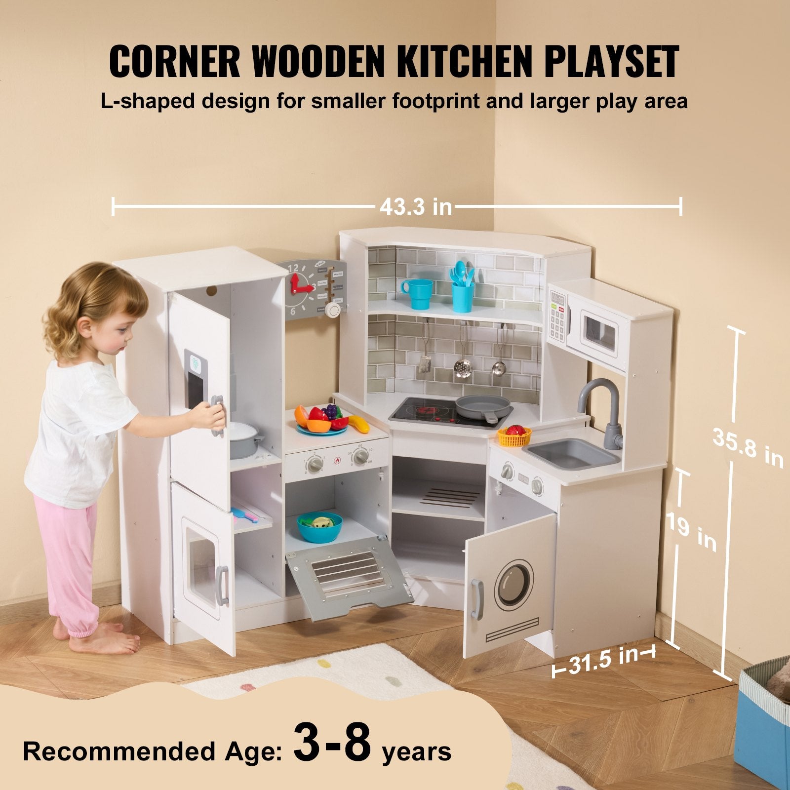 VEVOR Kitchen Playset Kids Pretend Cooking Play Toy 24 Piece Accessories White 3