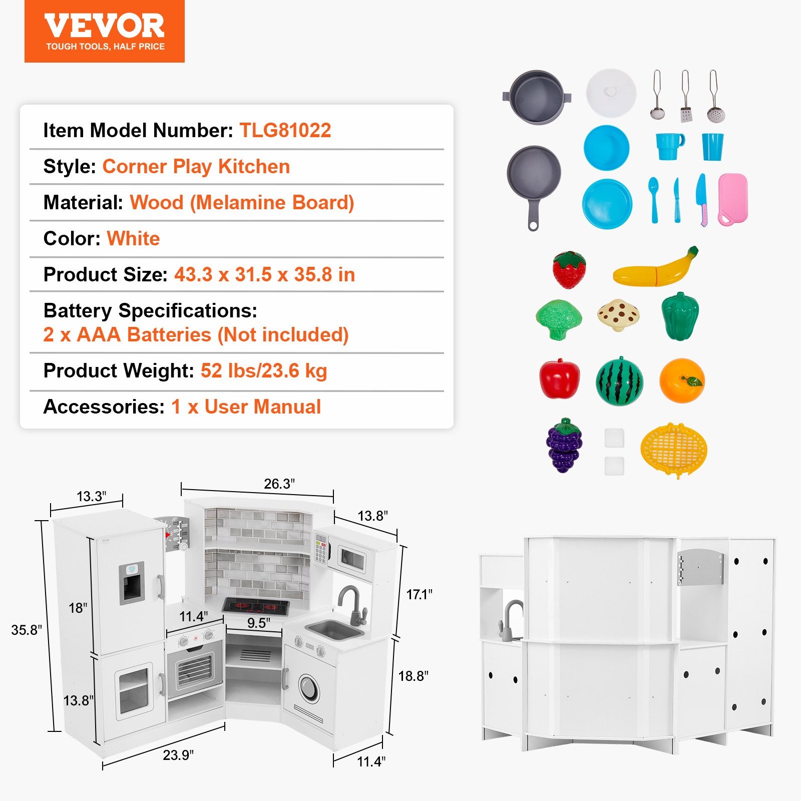 VEVOR Kitchen Playset Kids Pretend Cooking Play Toy 24 Piece Accessories White 7