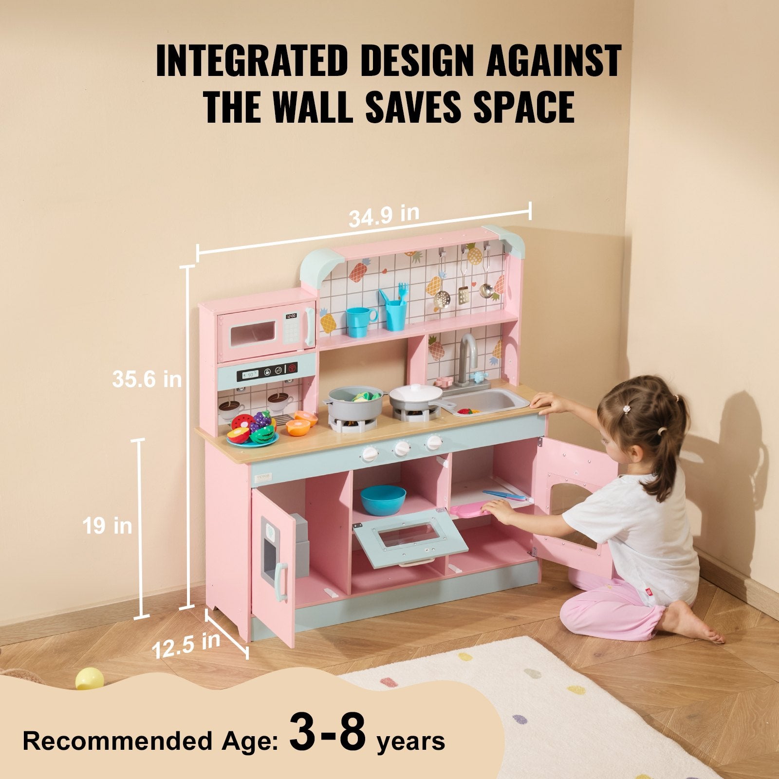VEVOR Kitchen Playset Kids Pretend Cooking Play Toy 24 Piece Accessories Pink 3