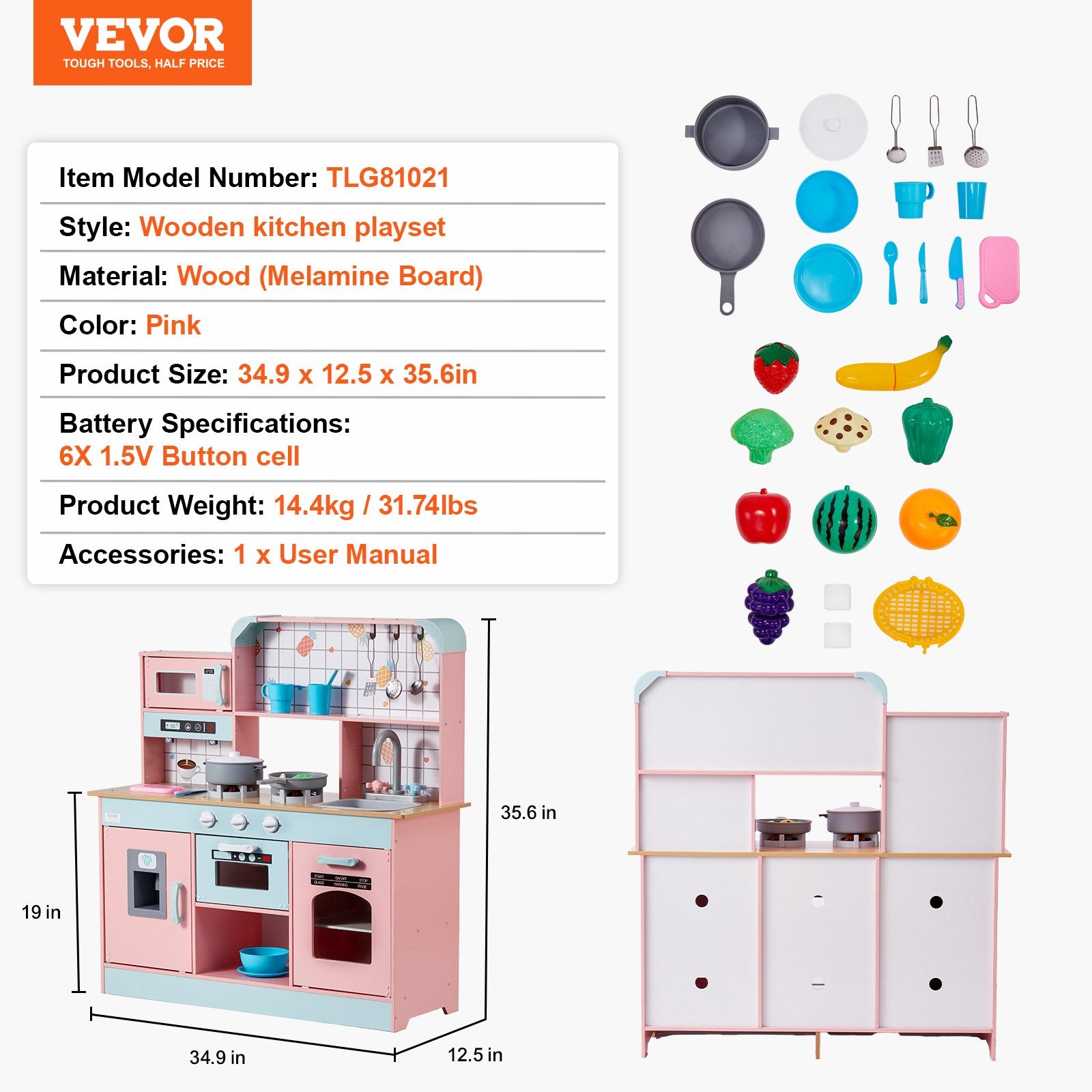 VEVOR Kitchen Playset Kids Pretend Cooking Play Toy 24 Piece Accessories Pink 7