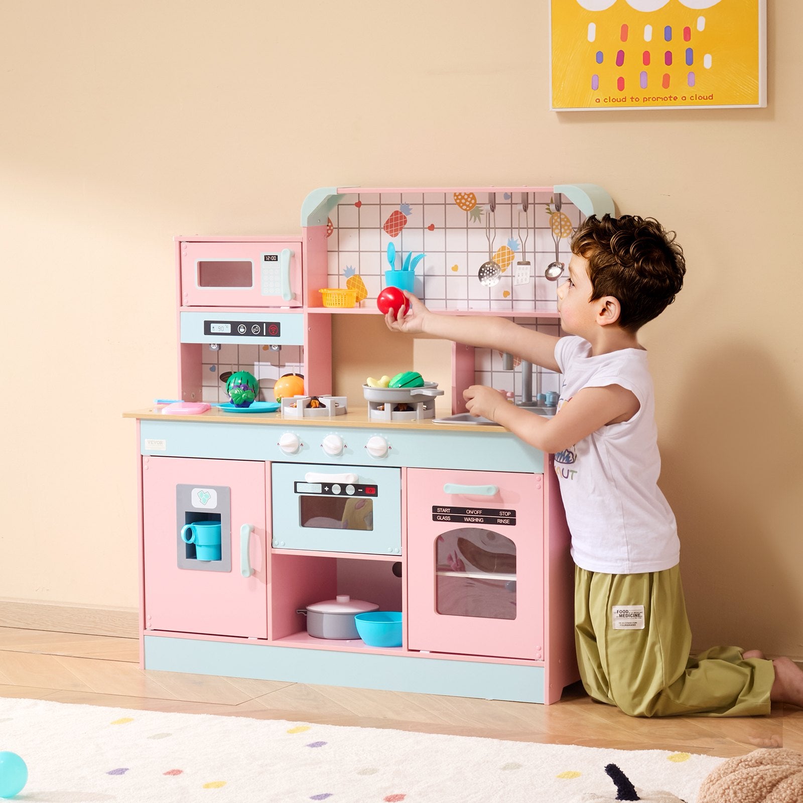 VEVOR Kitchen Playset Kids Pretend Cooking Play Toy 24 Piece Accessories Pink 8
