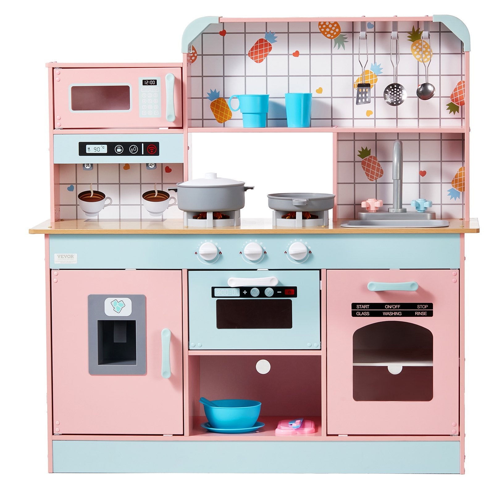 VEVOR Kitchen Playset Kids Pretend Cooking Play Toy 24 Piece Accessories Pink 11
