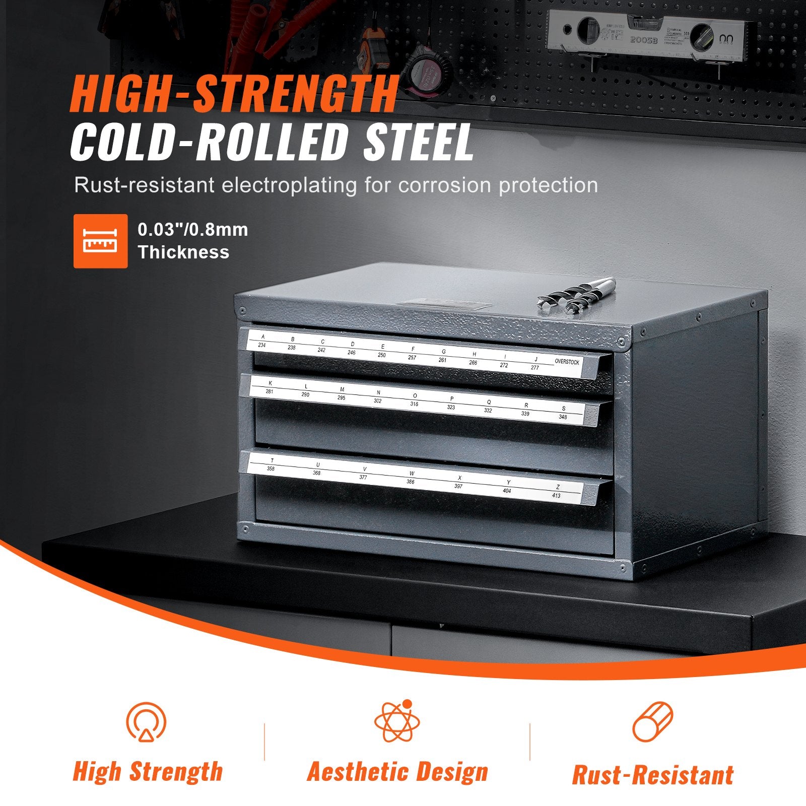 VEVOR Drill Bit Dispenser Cabinet, Three-Drawer Drill Bit Organizer Cabinet for A to Z, Steel Drill Dispenser Organizer Cabinet with Labels, Stackable Drill Dispenser for Drill Bit Storage 3