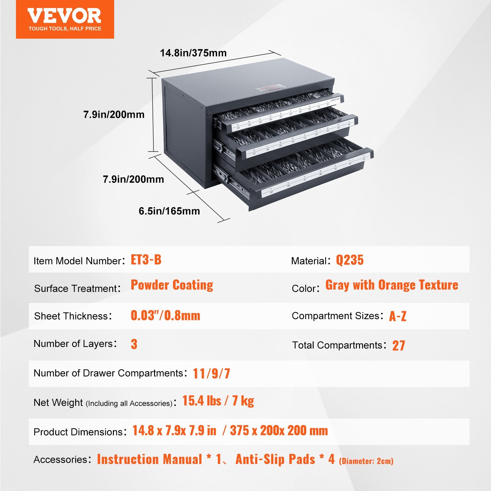 VEVOR Drill Bit Dispenser Cabinet, Three-Drawer Drill Bit Organizer Cabinet for A to Z, Steel Drill Dispenser Organizer Cabinet with Labels, Stackable Drill Dispenser for Drill Bit Storage 7