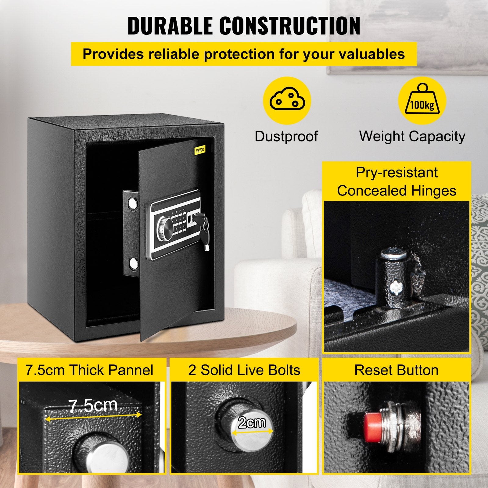 VEVOR Safe Box, 1.7 CU.FT Fingerprint Safe Box for Money with 2 Keys & Digital Keypad, Q235 Steel Safe Box for Storing Cash, Jewelry, Pistols, Documents, Watches in Home & Office & Hotel 4