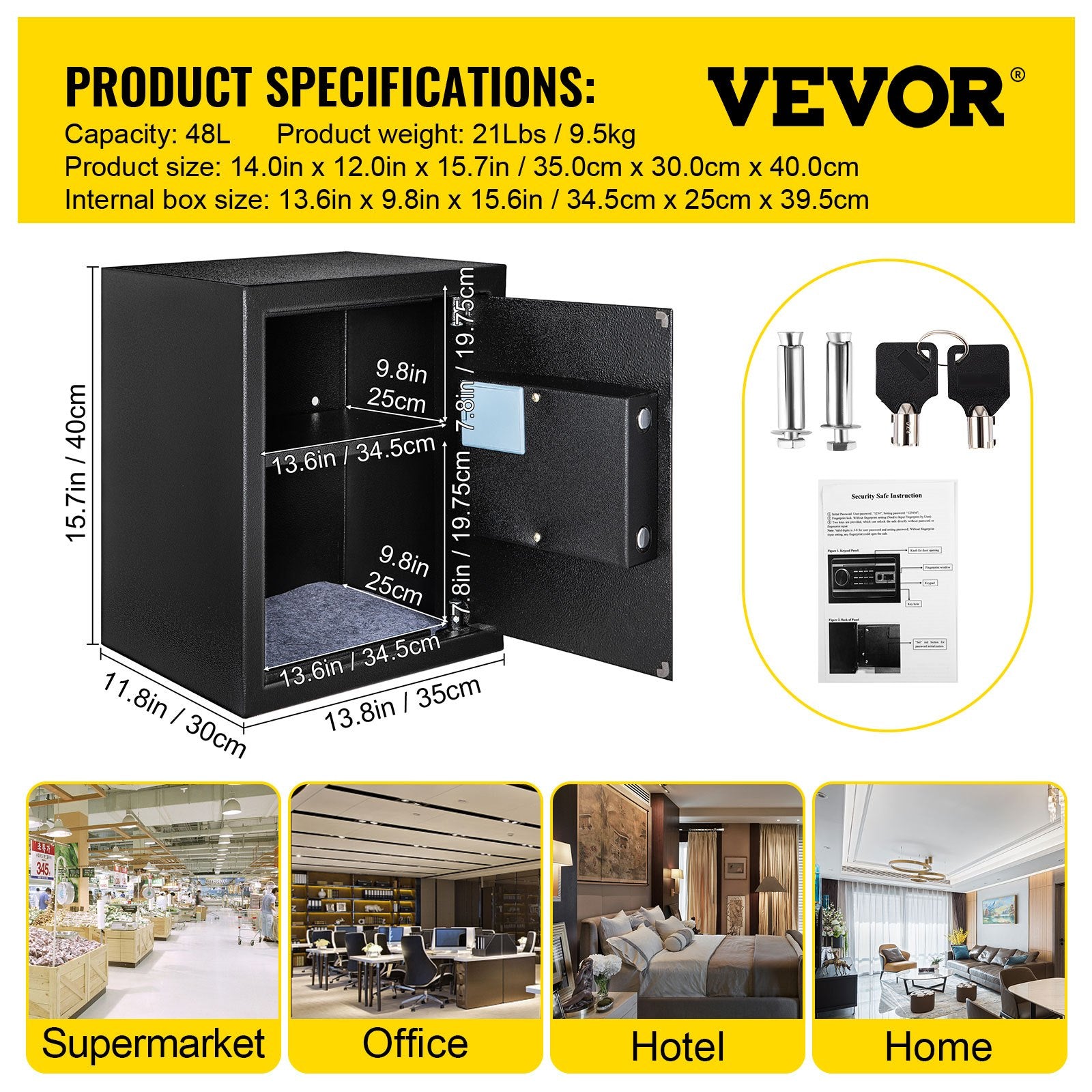 VEVOR Safe Box, 1.7 CU.FT Fingerprint Safe Box for Money with 2 Keys & Digital Keypad, Q235 Steel Safe Box for Storing Cash, Jewelry, Pistols, Documents, Watches in Home & Office & Hotel 7