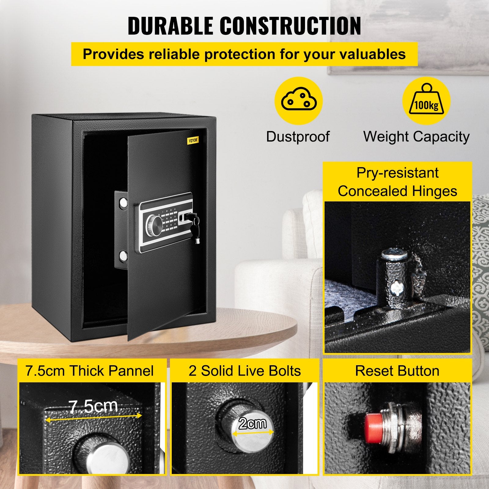 VEVOR Safe Box, 2.1 CU.FT Fingerprint Safe Box for Money w/ 2 Keys & Digital Keypad, Q235 Steel Safe Box for Storing Cash, Jewelry, Pistols, Documents, Watches in Home & Office & Hotel 4
