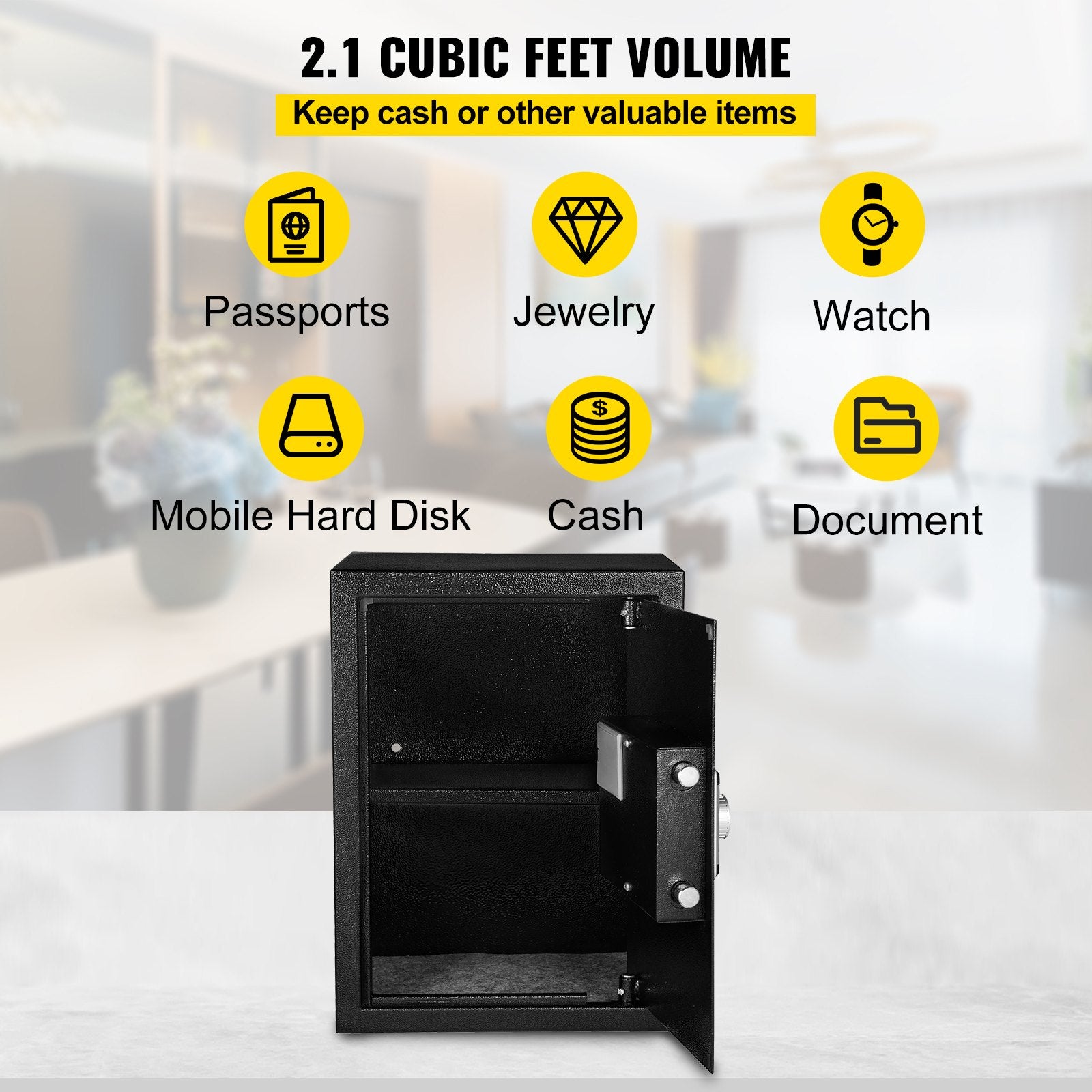 VEVOR Safe Box, 2.1 CU.FT Fingerprint Safe Box for Money w/ 2 Keys & Digital Keypad, Q235 Steel Safe Box for Storing Cash, Jewelry, Pistols, Documents, Watches in Home & Office & Hotel 5