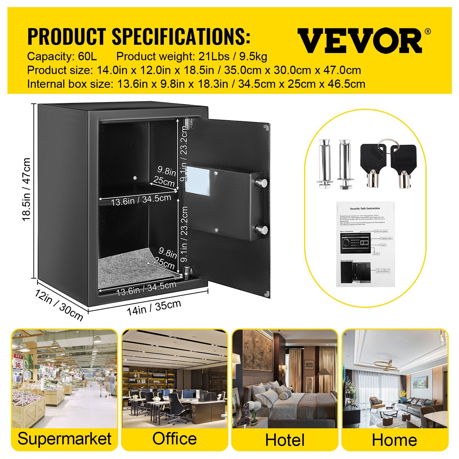 VEVOR Safe Box, 2.1 CU.FT Fingerprint Safe Box for Money w/ 2 Keys & Digital Keypad, Q235 Steel Safe Box for Storing Cash, Jewelry, Pistols, Documents, Watches in Home & Office & Hotel 7