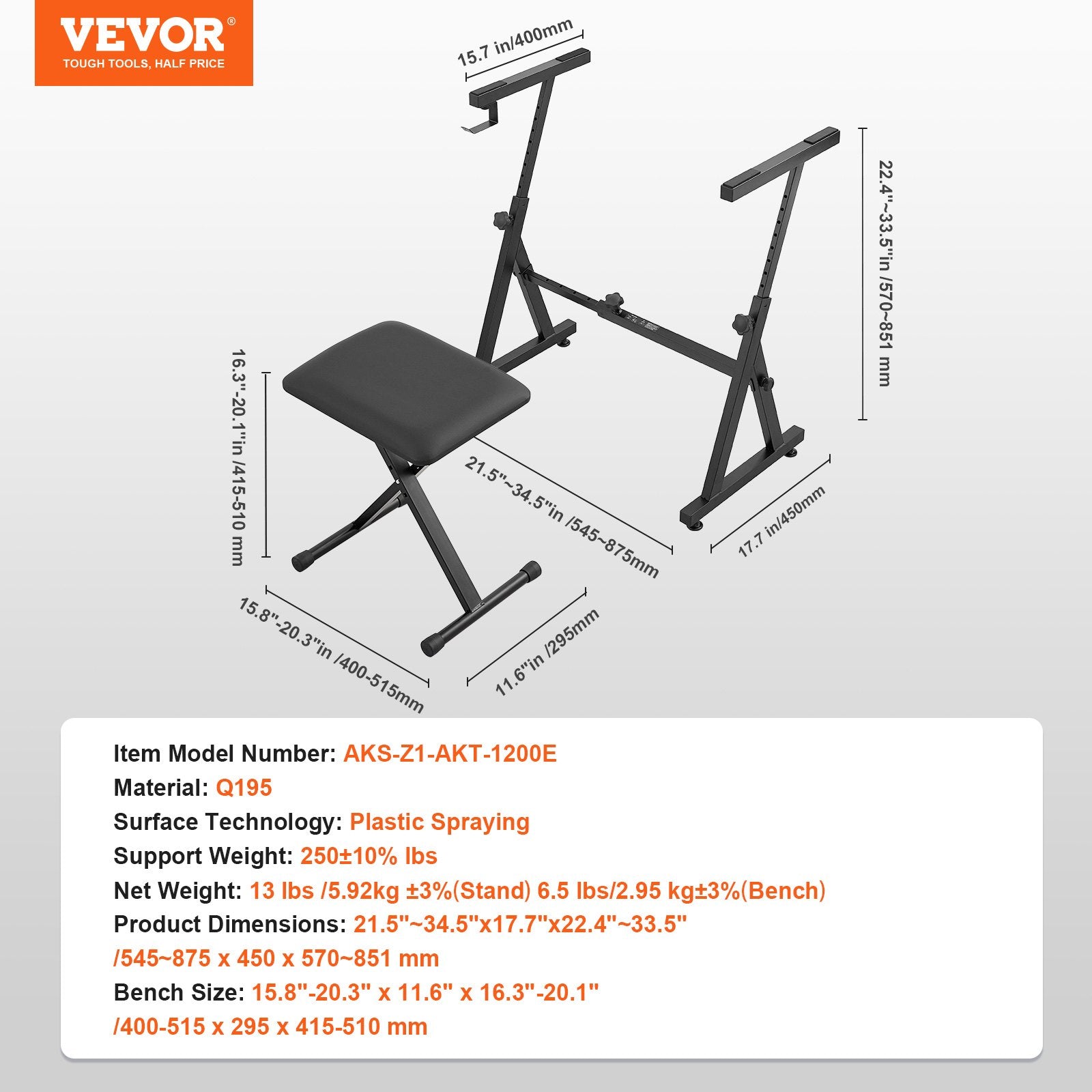 VEVOR Piano Keyboard Stand and Bench Set, Z Style, Heavy-Duty Digital Piano Music Stand and Seat, 250 lbs Capacity with Adjustable Piano Bench Width Height Wheels, Fits for 54-88 Key Electric Pianos 7