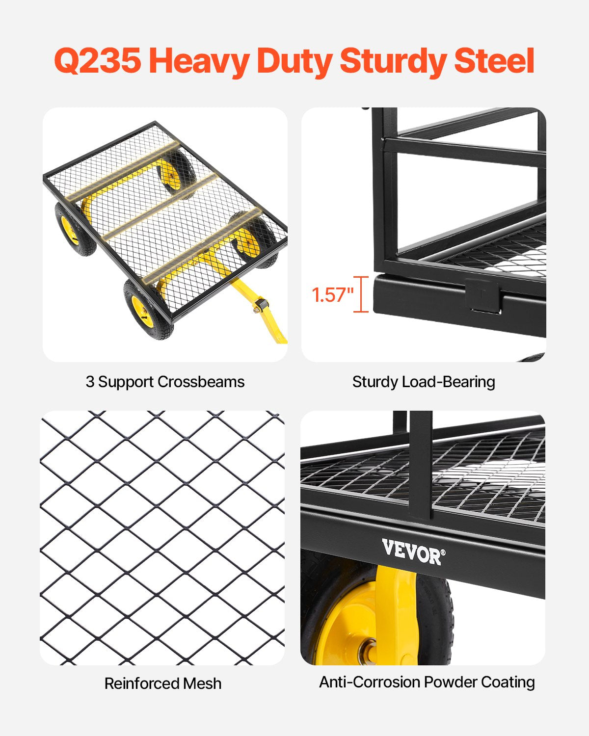 VEVOR 1400 Lbs Steel Garden Cart, Heavy Duty Pullable Garden Wagon Yard Cart, 2 in 1 Outdoor Metal Utility Wagon Yard Trailer with 13" All Terrain Tires, Mesh Removable Sides and 180°Rotating Handle 4