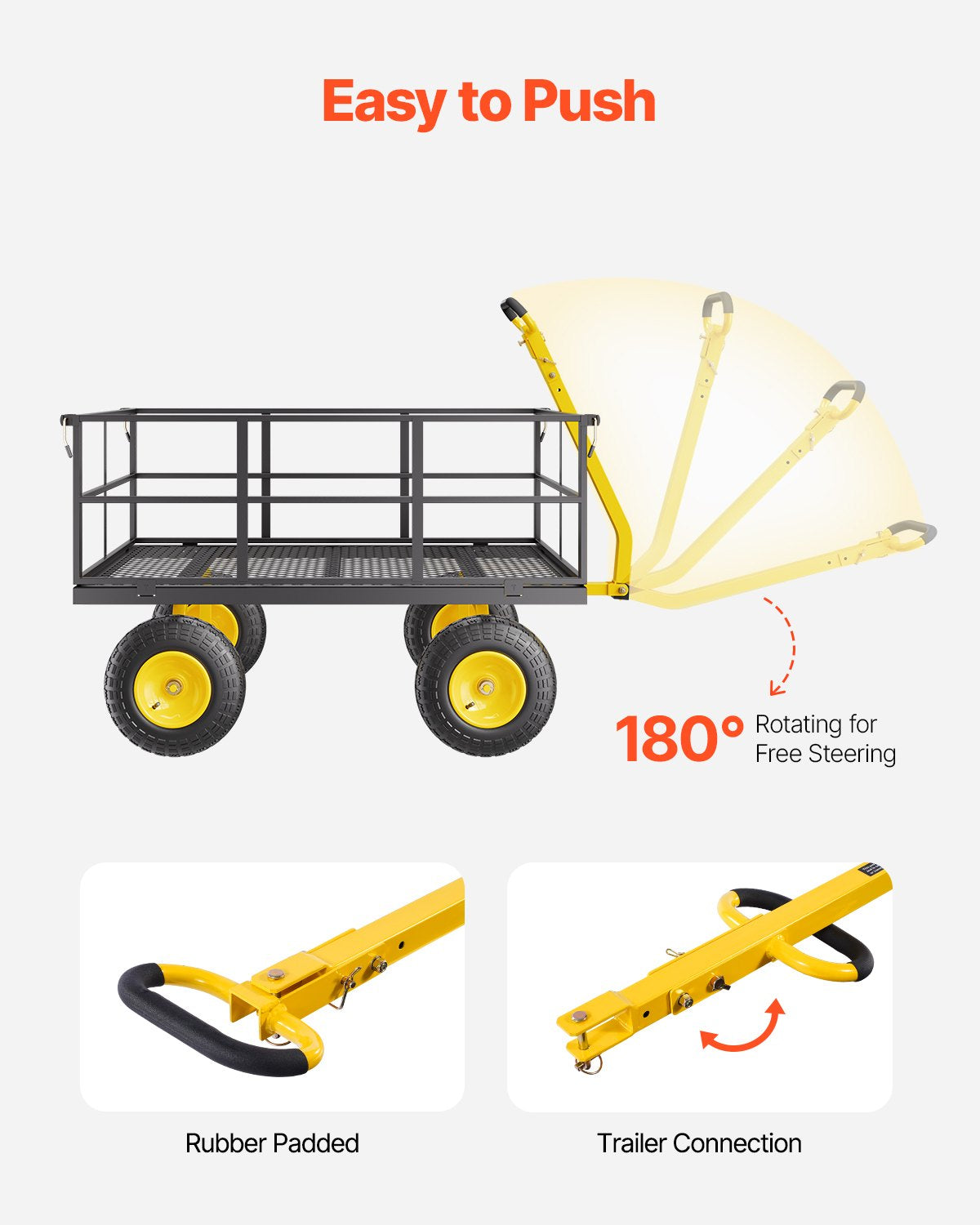 VEVOR 1400 Lbs Steel Garden Cart, Heavy Duty Pullable Garden Wagon Yard Cart, 2 in 1 Outdoor Metal Utility Wagon Yard Trailer with 13" All Terrain Tires, Mesh Removable Sides and 180°Rotating Handle 6