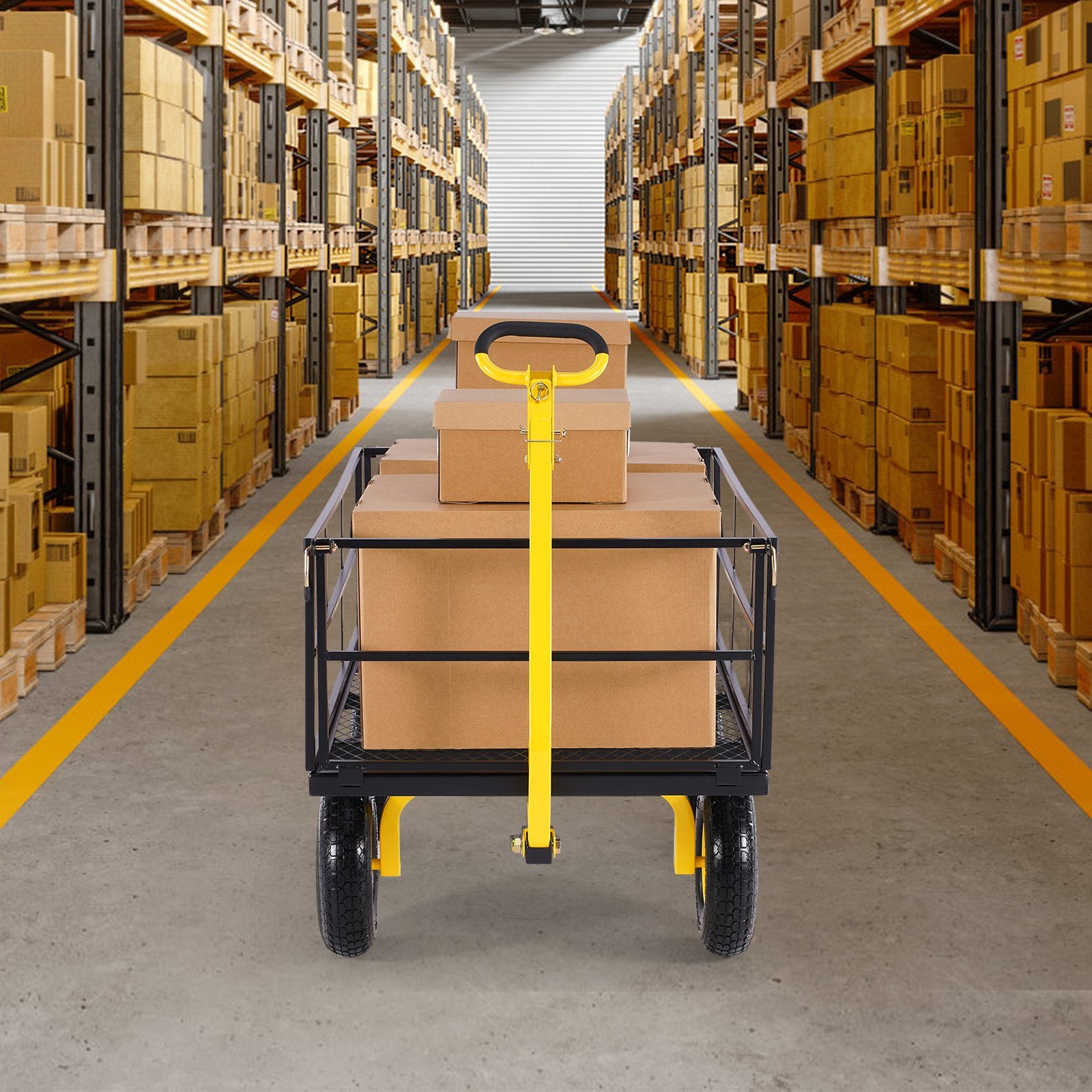 VEVOR 1400 Lbs Steel Garden Cart, Heavy Duty Pullable Garden Wagon Yard Cart, 2 in 1 Outdoor Metal Utility Wagon Yard Trailer with 13" All Terrain Tires, Mesh Removable Sides and 180°Rotating Handle 8