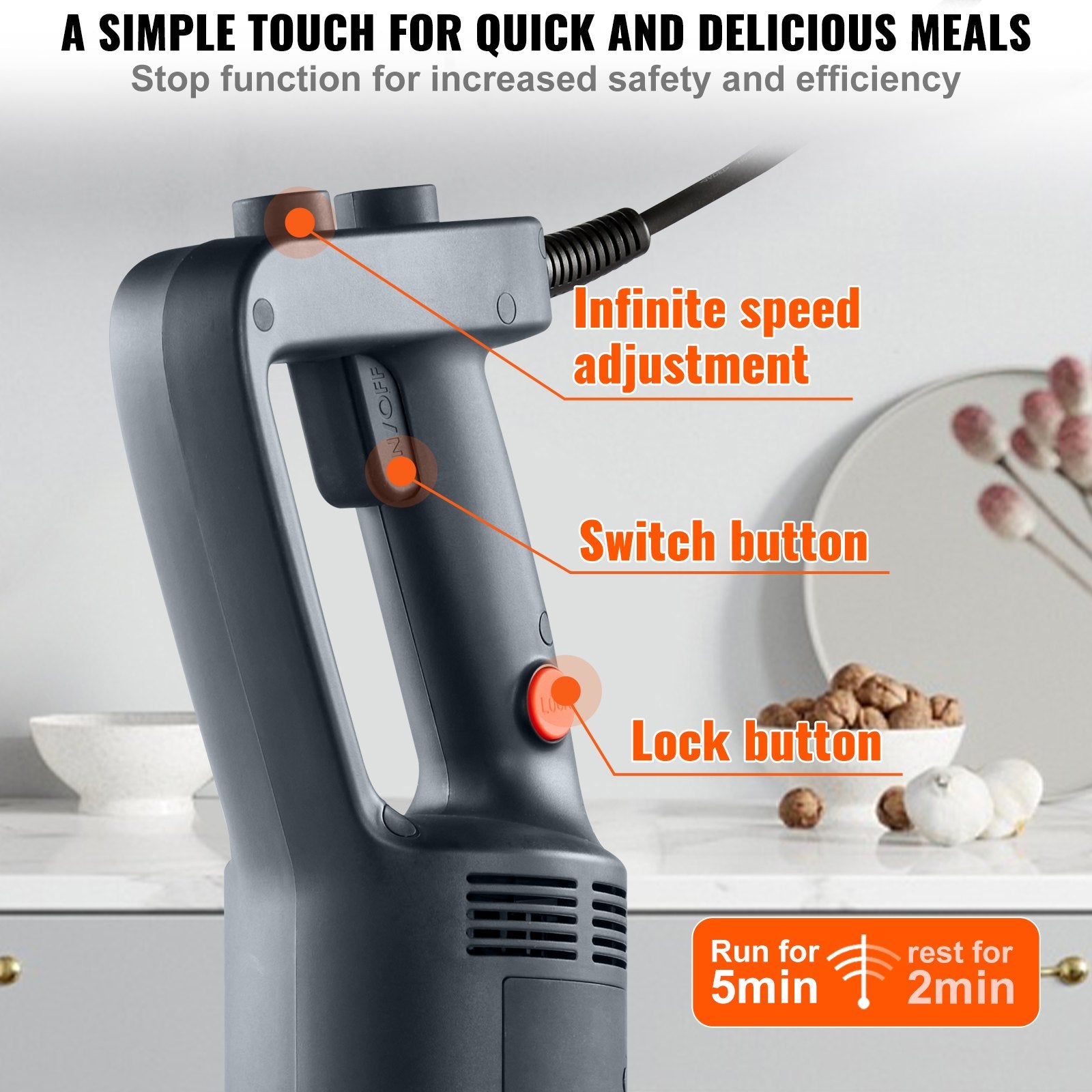 VEVOR Professional Stick Blender, 500W Powerful Handheld Mixer, Adjustable Speed with Stainless Steel Blade, Versatile Hand Mixer for Soups, Smoothies, Purees, and Baby Food 4