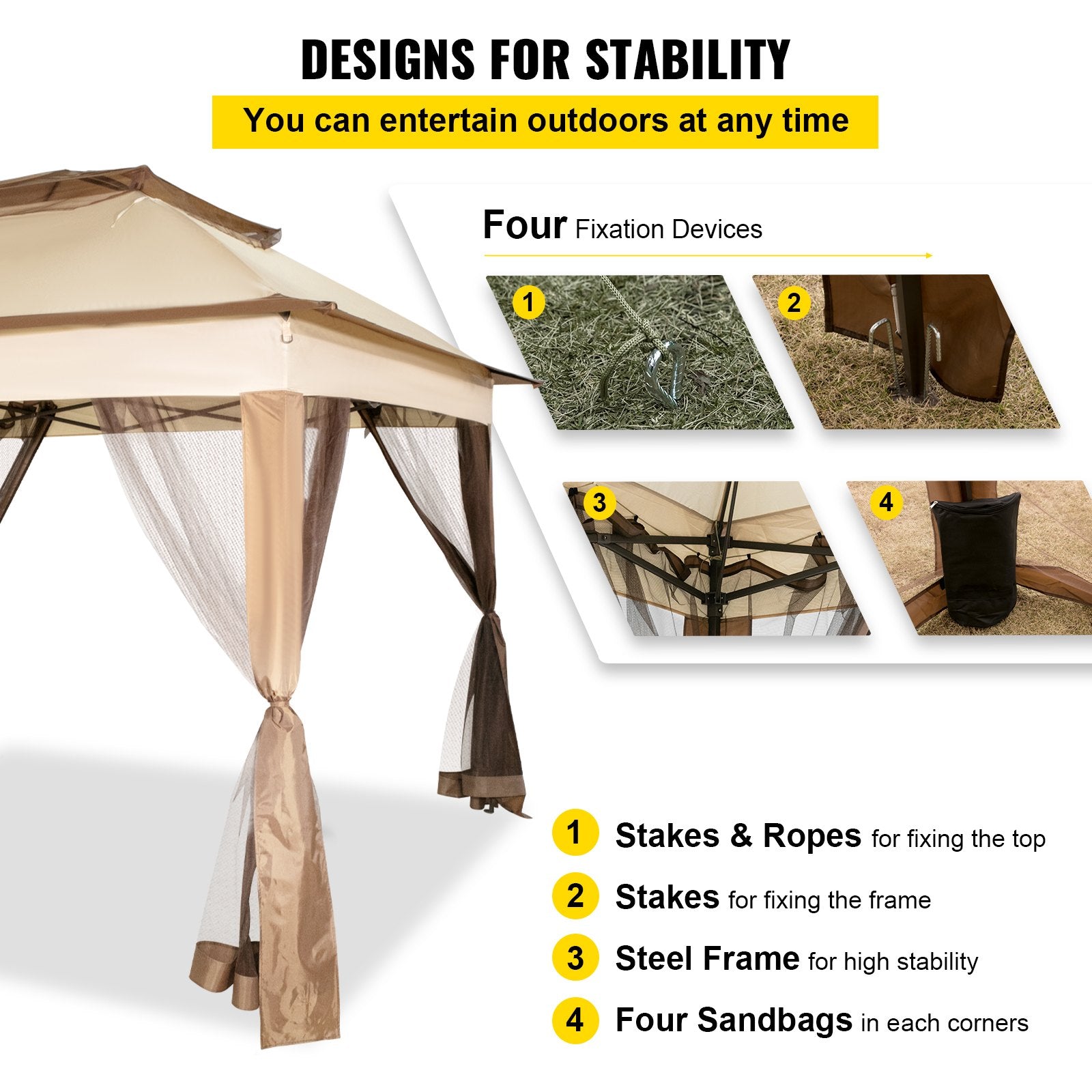VEVOR Outdoor Canopy Gazebo Tent, Portable Canopy Shelter with 11\'x11\' Large Shade Space for Party, Backyard, Patio Lawn and Garden, 4 Sandbags, Carrying Bag and Netting Included, Brown 4