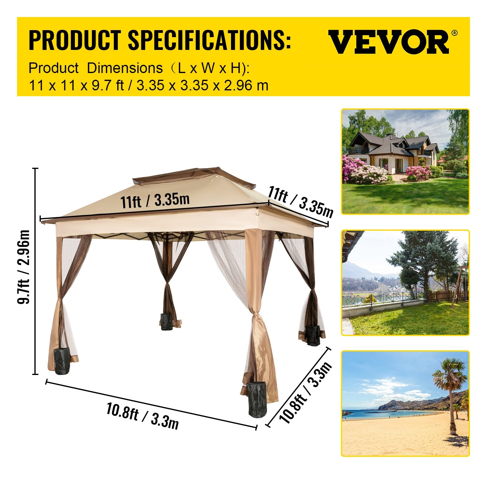 VEVOR Outdoor Canopy Gazebo Tent, Portable Canopy Shelter with 11\'x11\' Large Shade Space for Party, Backyard, Patio Lawn and Garden, 4 Sandbags, Carrying Bag and Netting Included, Brown 7