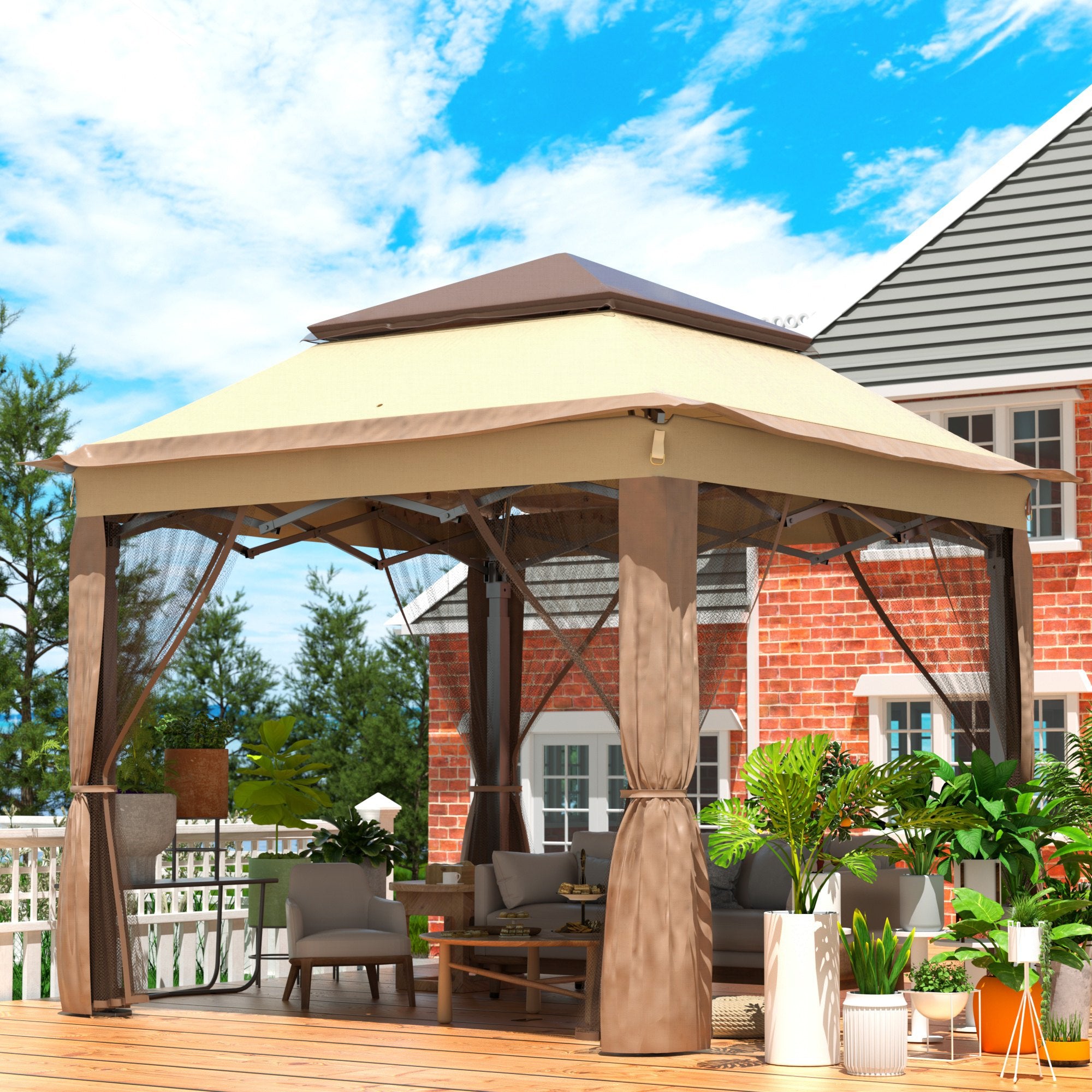 VEVOR Outdoor Canopy Gazebo Tent, Portable Canopy Shelter with 11\'x11\' Large Shade Space for Party, Backyard, Patio Lawn and Garden, 4 Sandbags, Carrying Bag and Netting Included, Brown 8