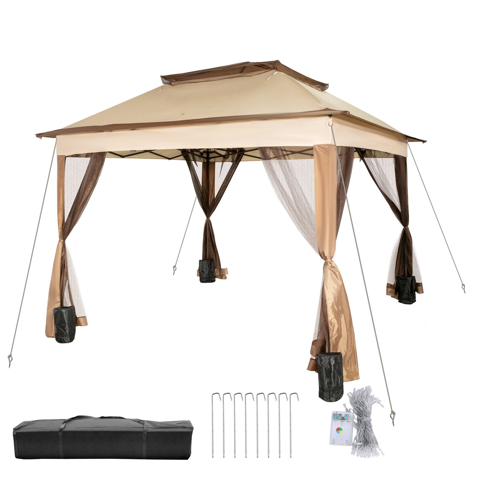 VEVOR Outdoor Canopy Gazebo Tent, Portable Canopy Shelter with 11\'x11\' Large Shade Space for Party, Backyard, Patio Lawn and Garden, 4 Sandbags, Carrying Bag and Netting Included, Brown 9