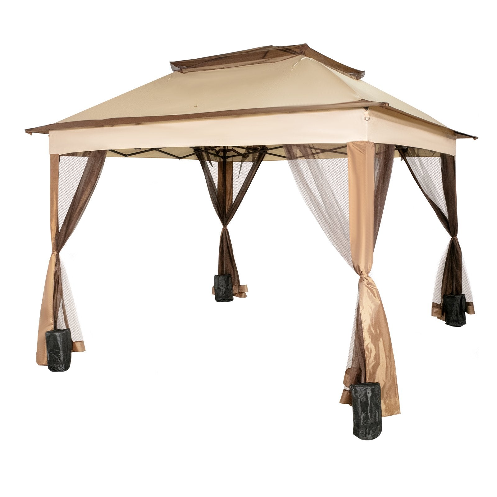 VEVOR Outdoor Canopy Gazebo Tent, Portable Canopy Shelter with 11\'x11\' Large Shade Space for Party, Backyard, Patio Lawn and Garden, 4 Sandbags, Carrying Bag and Netting Included, Brown 11