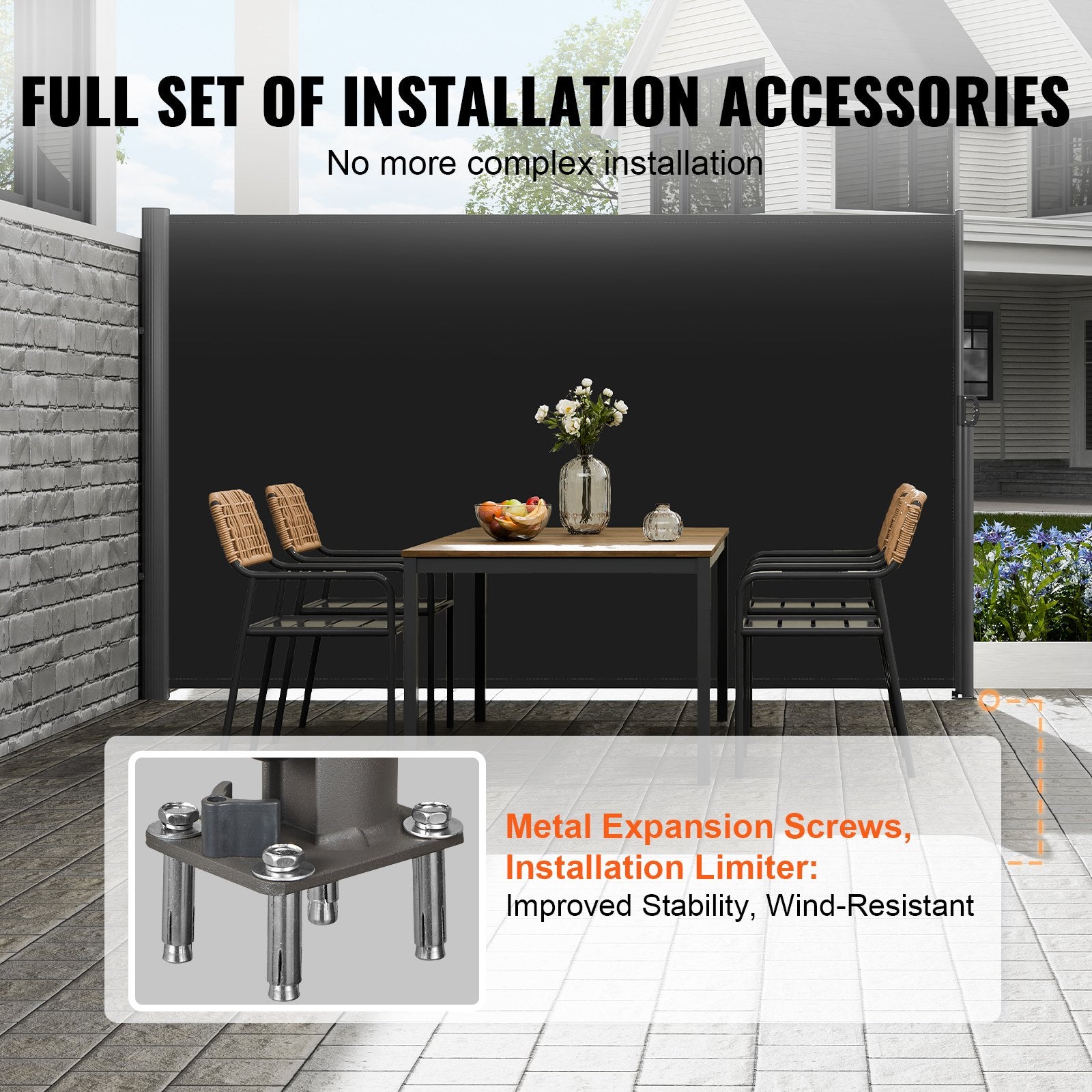 VEVOR Retractable Side Awning, 160X300cm Aluminum Outdoor Privacy Screen, 280g Polyester Water-proof Retractable Patio Screen, UV 30+ Room Divider Wind Screen for Patio, Backyard, Balcony, Black 4