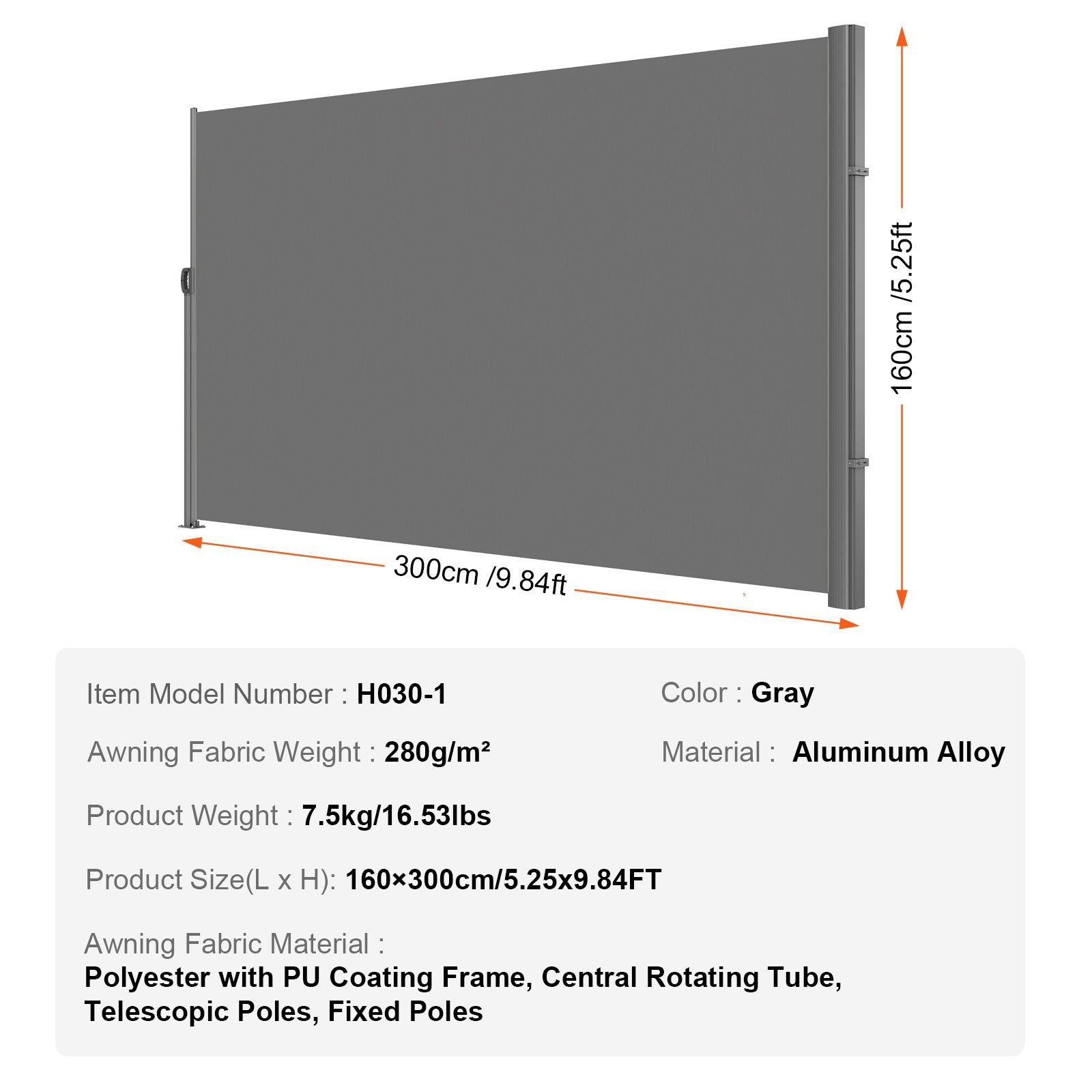 VEVOR Retractable Side Awning, 160X300m Aluminum Outdoor Privacy Screen, 280g Polyester Water-proof Retractable Patio Screen, UV 30+ Room Divider Wind Screen for Patio, Backyard, Balcony, Gray 7