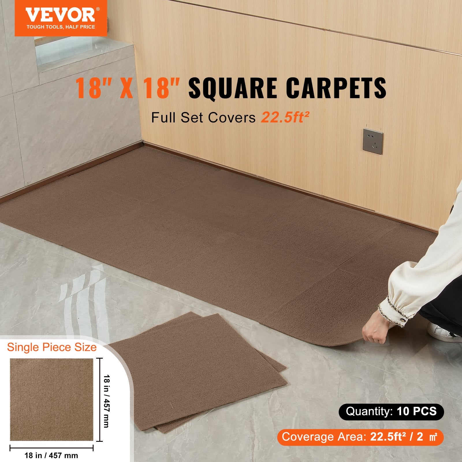 VEVOR Carpet Tiles Peel and Stick, Squares Self Adhesive Carpet Floor Tile, Soft Padded Carpet Tiles, Easy Install DIY for Bedroom Living Room Indoor Outdoor (10 Tiles, Dark Brown)