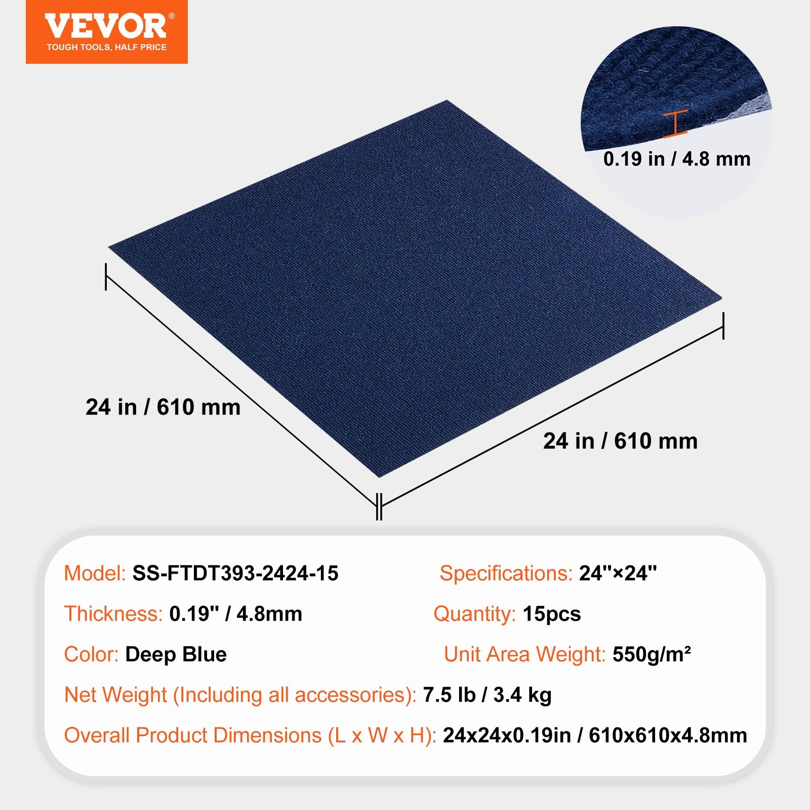 VEVOR Carpet Tiles Peel and Stick, Squares Self Adhesive Carpet Floor Tile, Soft Padded Carpet Tiles, Easy Install DIY for Bedroom Living Room Indoor Outdoor (15Tiles, Dark Blue) 7