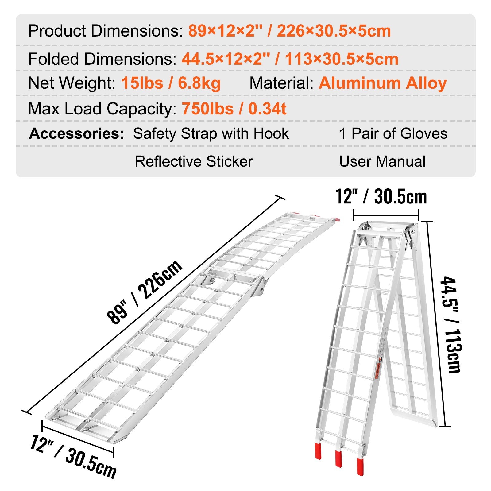 VEVOR Aluminum Ramp 750 LBS Foldable Loading Ramps for Pickup Trucks Bed 1 Piece 6