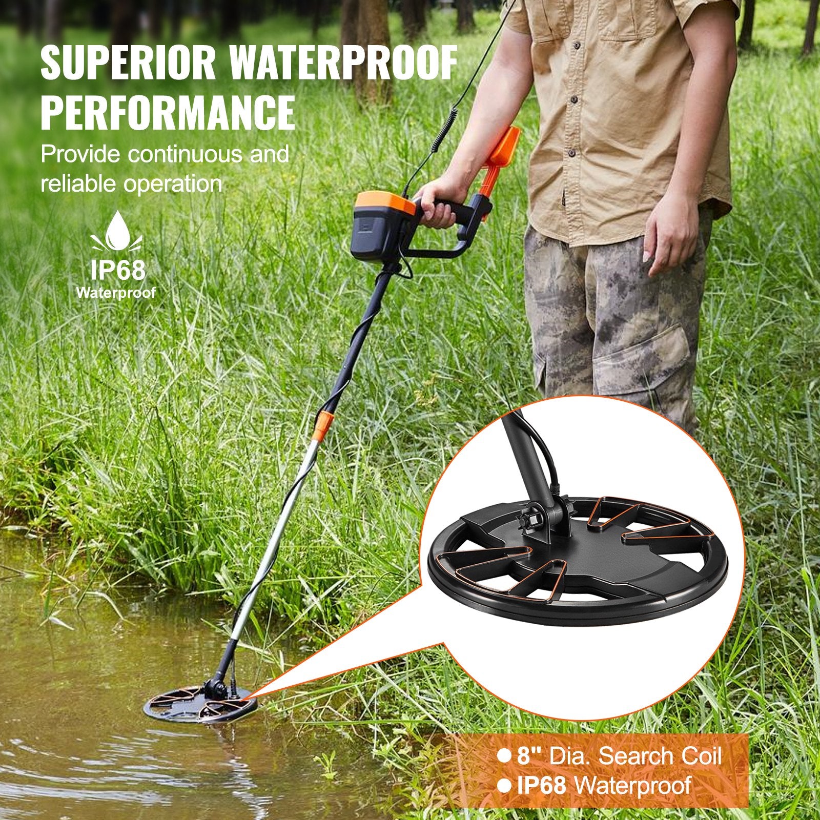 VEVOR Metal Detector for Adults & Kids, 8", Professional Adjustable Higher Accuracy Gold Detector, IP68 Waterproof Coil with LCD Display Advanced DSP Chip, for Detecting Gold Coin Treasure Hunting 5