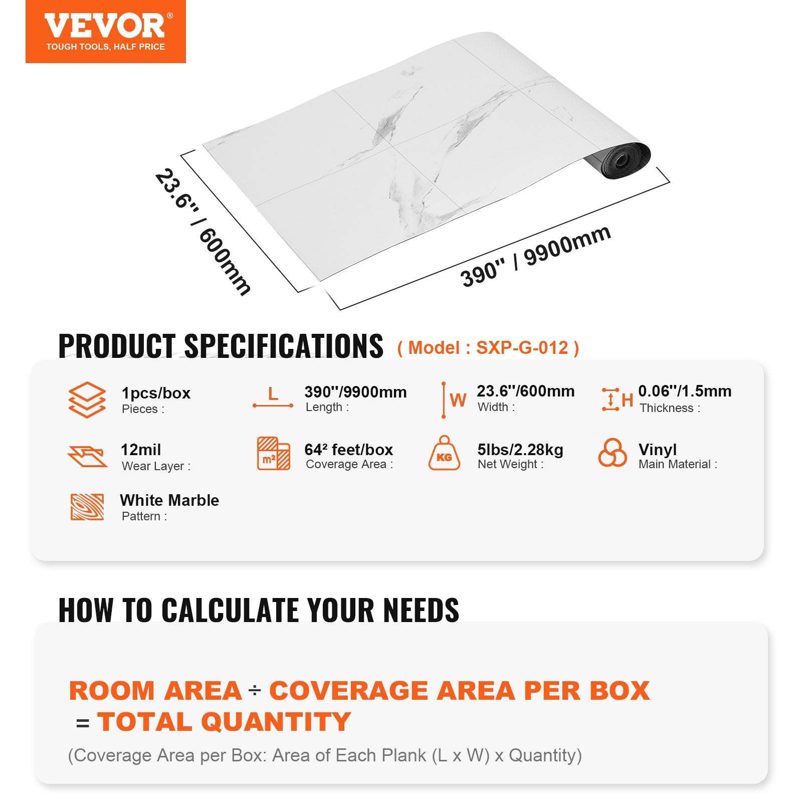 VEVOR Self Adhesive Vinyl Floor Tiles 390 x 23.6 inch, 1.5mm Thick Peel & Stick, White Marble Texture DIY Flooring for Kitchen, Dining Room, Bedrooms & Bathrooms, Easy for Home Decor 7